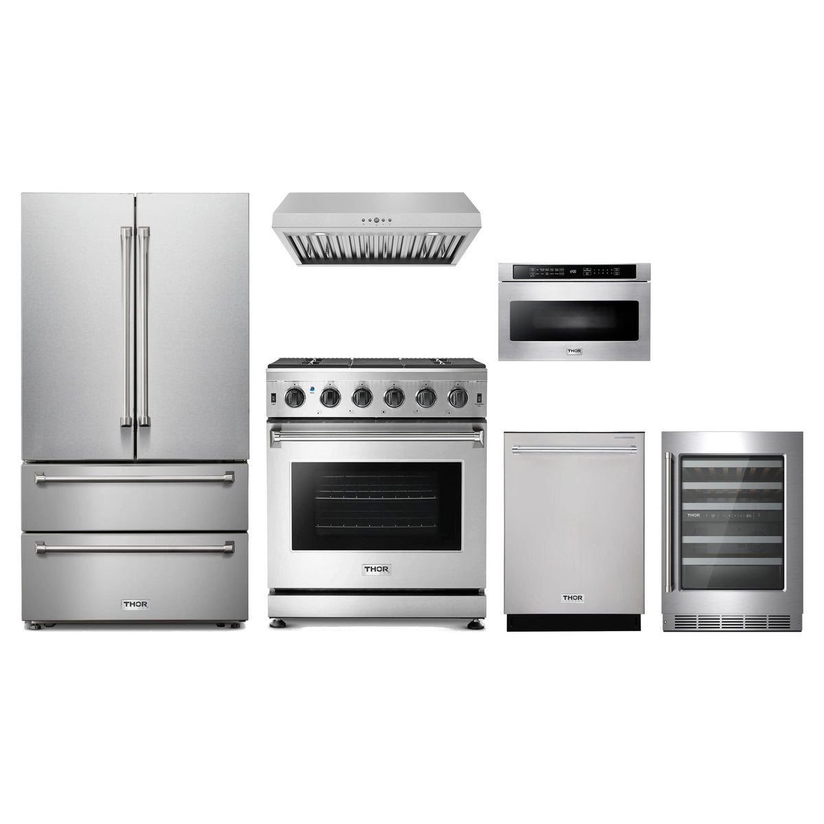 Thor Kitchen 6-Piece Appliance Package - 30-Inch Natural Gas Range, French Door Refrigerator, Under Cabinet Hood, Dishwasher, Microwave Drawer, & Wine Cooler in Stainless Steel