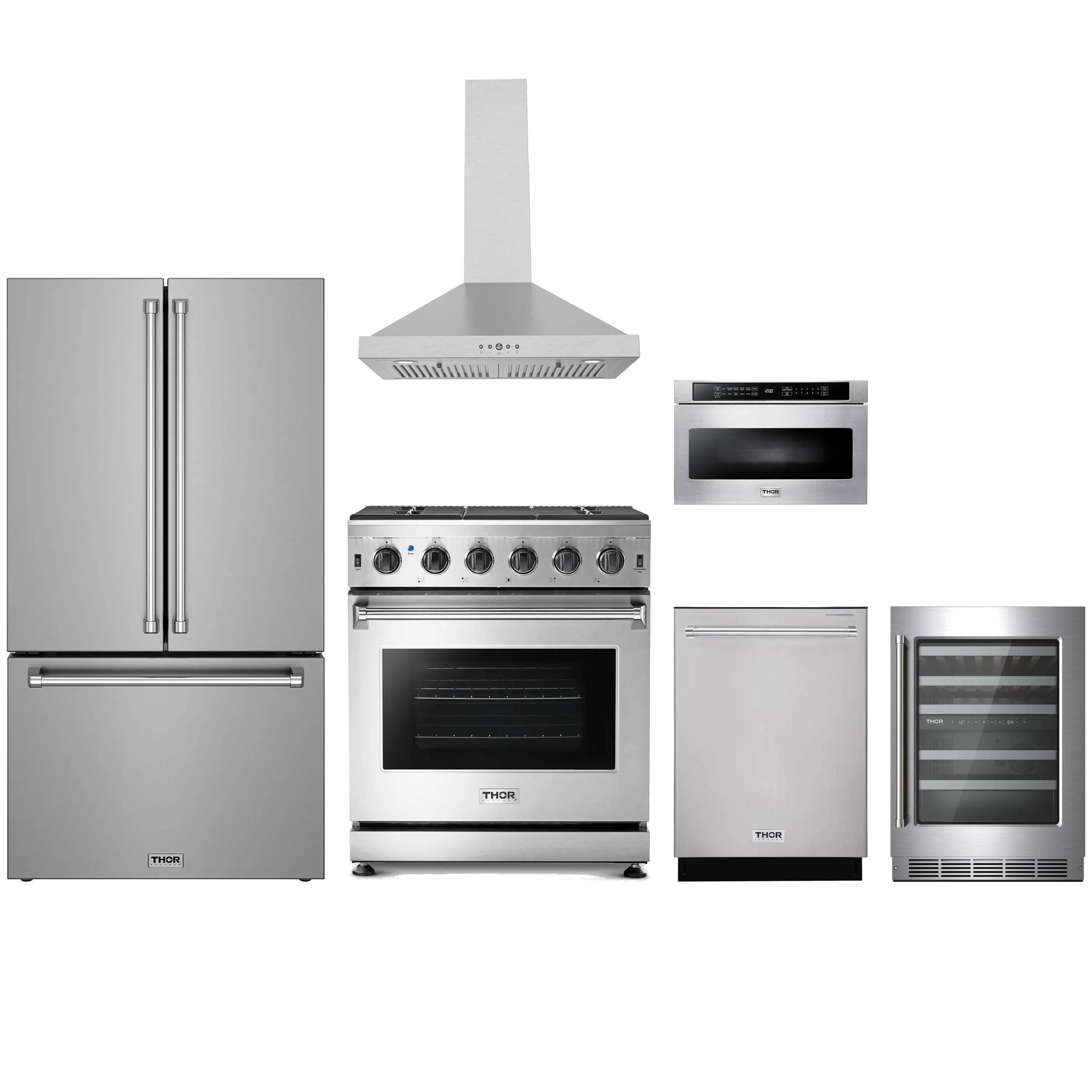 Stainless steel kitchen appliance set with refrigerator, gas range, hood, and microwave
