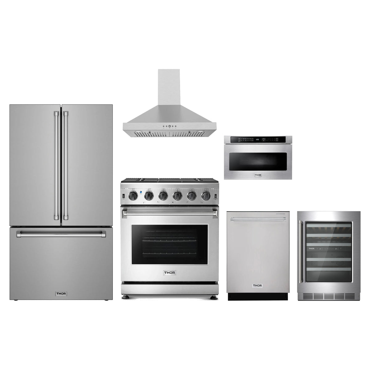 Thor Kitchen 6-Piece Appliance Package - 30-Inch Natural Gas Range, Counter-Depth Refrigerator, Wall Mount Hood, Dishwasher, Microwave Drawer, & Wine Cooler in Stainless Steel