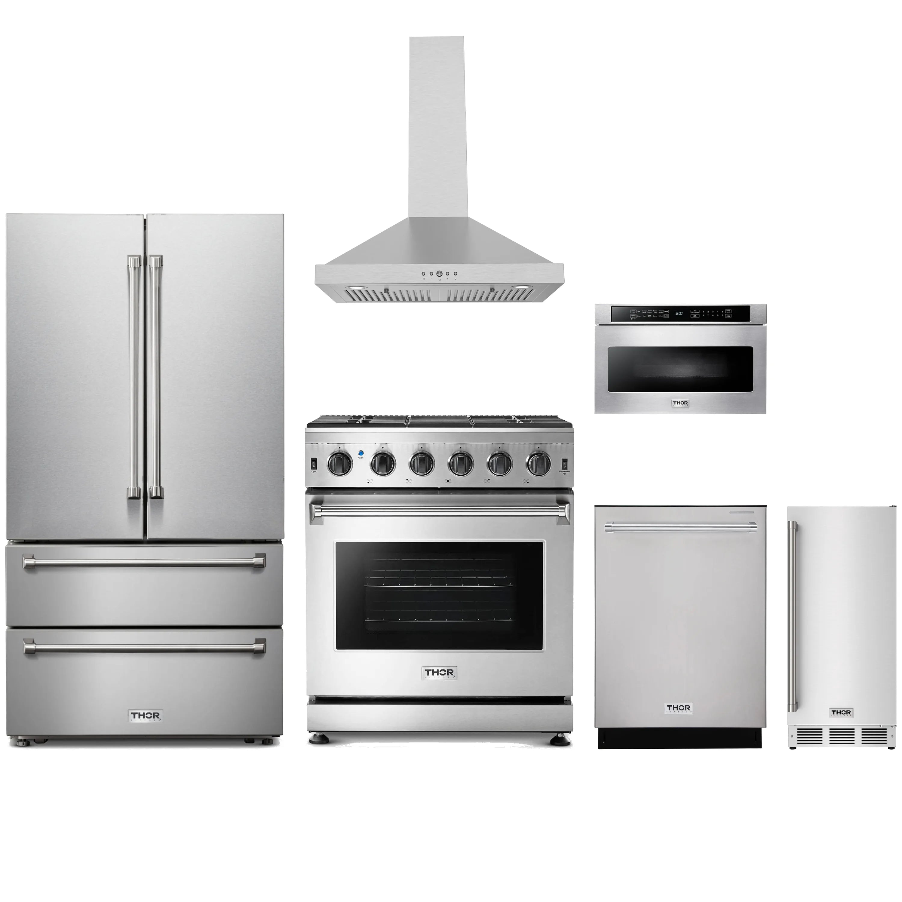 Stainless steel kitchen appliance package with refrigerator, gas range, hood, dishwasher, microwave drawer