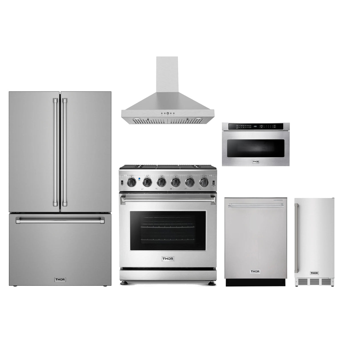 Thor Kitchen 6-Piece Appliance Package - 30-Inch Propane Gas Range, Counter-Depth Refrigerator, Wall Mount Hood, Dishwasher, Microwave Drawer, & Ice Maker in Stainless Steel