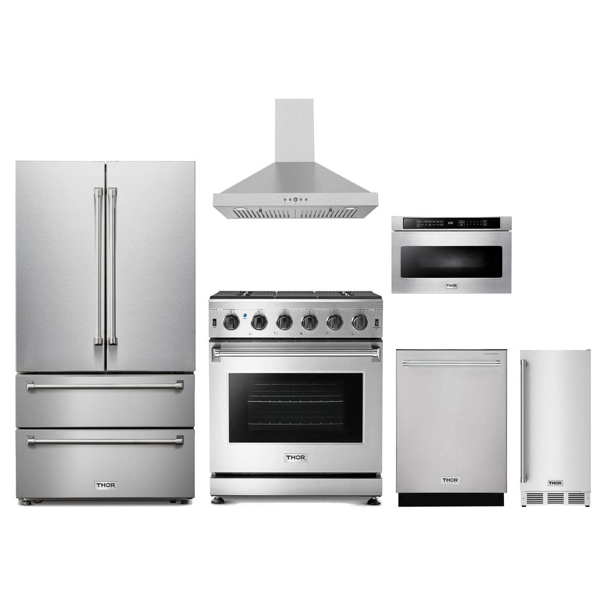 Thor Kitchen 6-Piece Appliance Package - 30-Inch Propane Gas Range, French Door Refrigerator, Wall Mount Hood, Dishwasher, Microwave Drawer, & Ice Maker in Stainless Steel