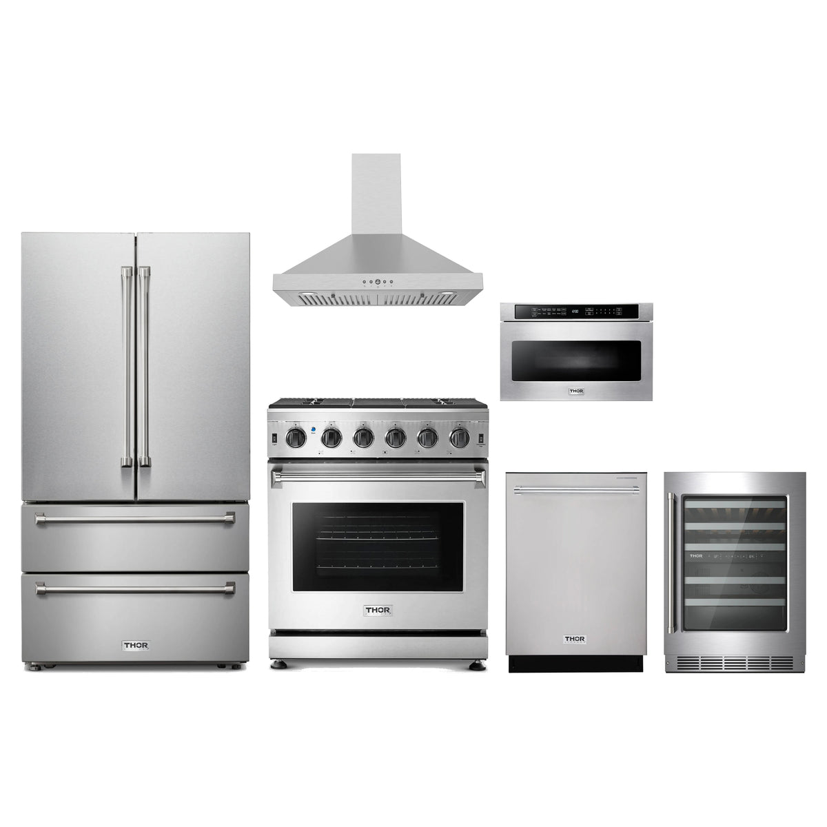 Thor Kitchen 6-Piece Appliance Package - 30-Inch Propane Gas Range, French Door Refrigerator, Wall Mount Hood, Dishwasher, Microwave Drawer, & Wine Cooler in Stainless Steel