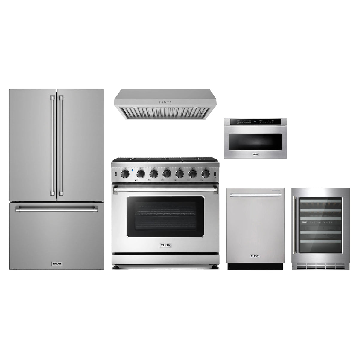 Thor Kitchen 6-Piece Appliance Package - 36-Inch Natural Gas Range, Counter-Depth Refrigerator, Under Cabinet Hood, Dishwasher, Microwave Drawer, & Wine Cooler in Stainless Steel