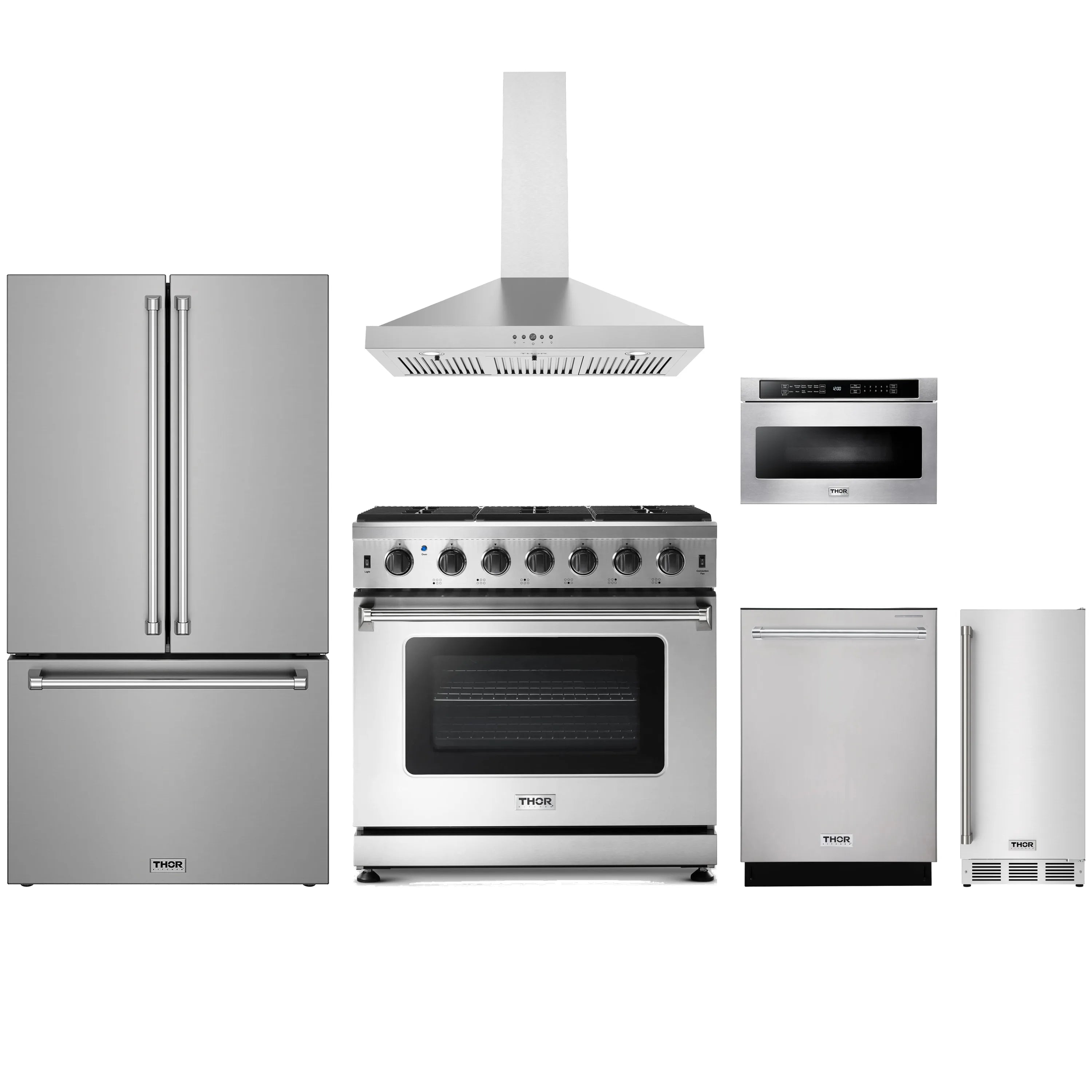 Stainless steel appliance package with gas range, hood, dishwasher, microwave drawer, and refrigerator