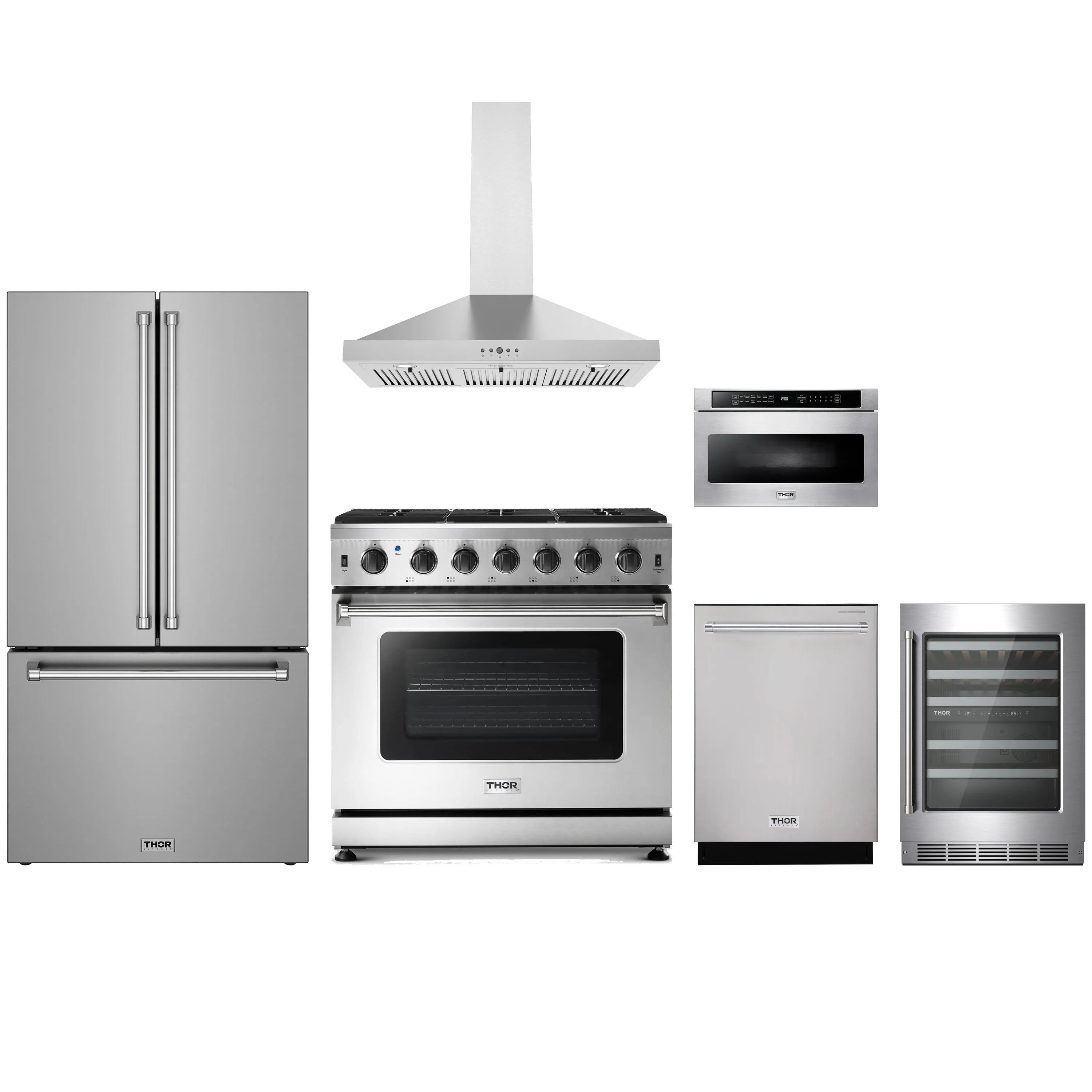 Stainless steel 6-piece kitchen set with range, fridge, hood, microwave, wine cooler