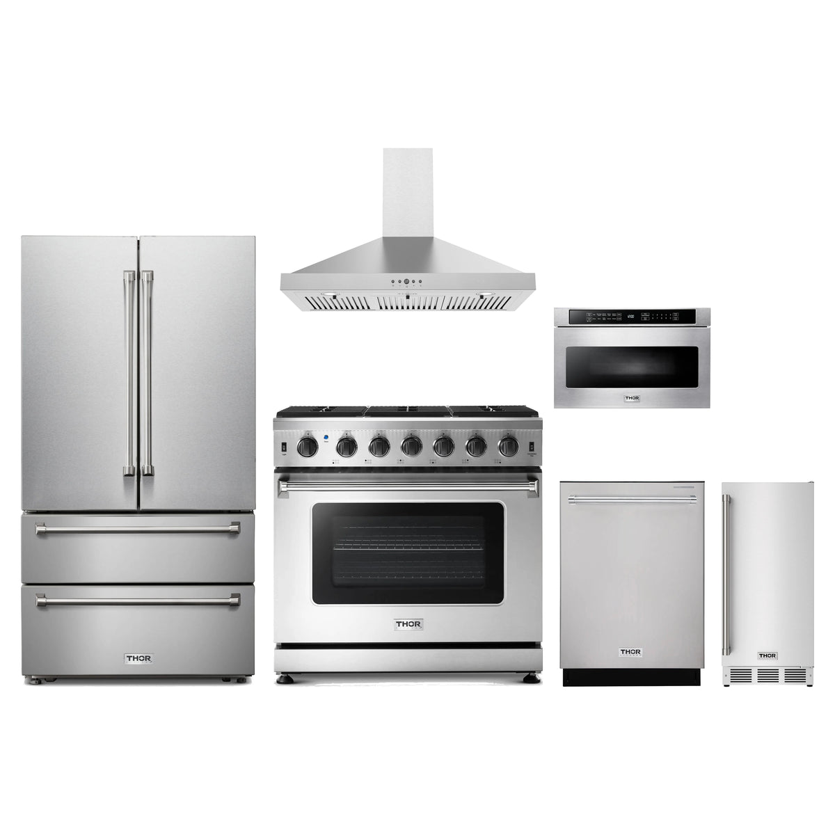 Thor Kitchen 6-Piece Appliance Package - 36-Inch Natural Gas Range, French Door Refrigerator, Wall Mount Hood, Dishwasher, Microwave Drawer, & Ice Maker in Stainless Steel