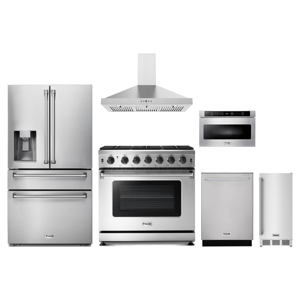 Thor Kitchen 6-Piece Appliance Package - 36-Inch Natural Gas Range, Refrigerator with Water Dispenser, Wall Mount Hood, Dishwasher, Microwave Drawer, & Ice Maker in Stainless Steel