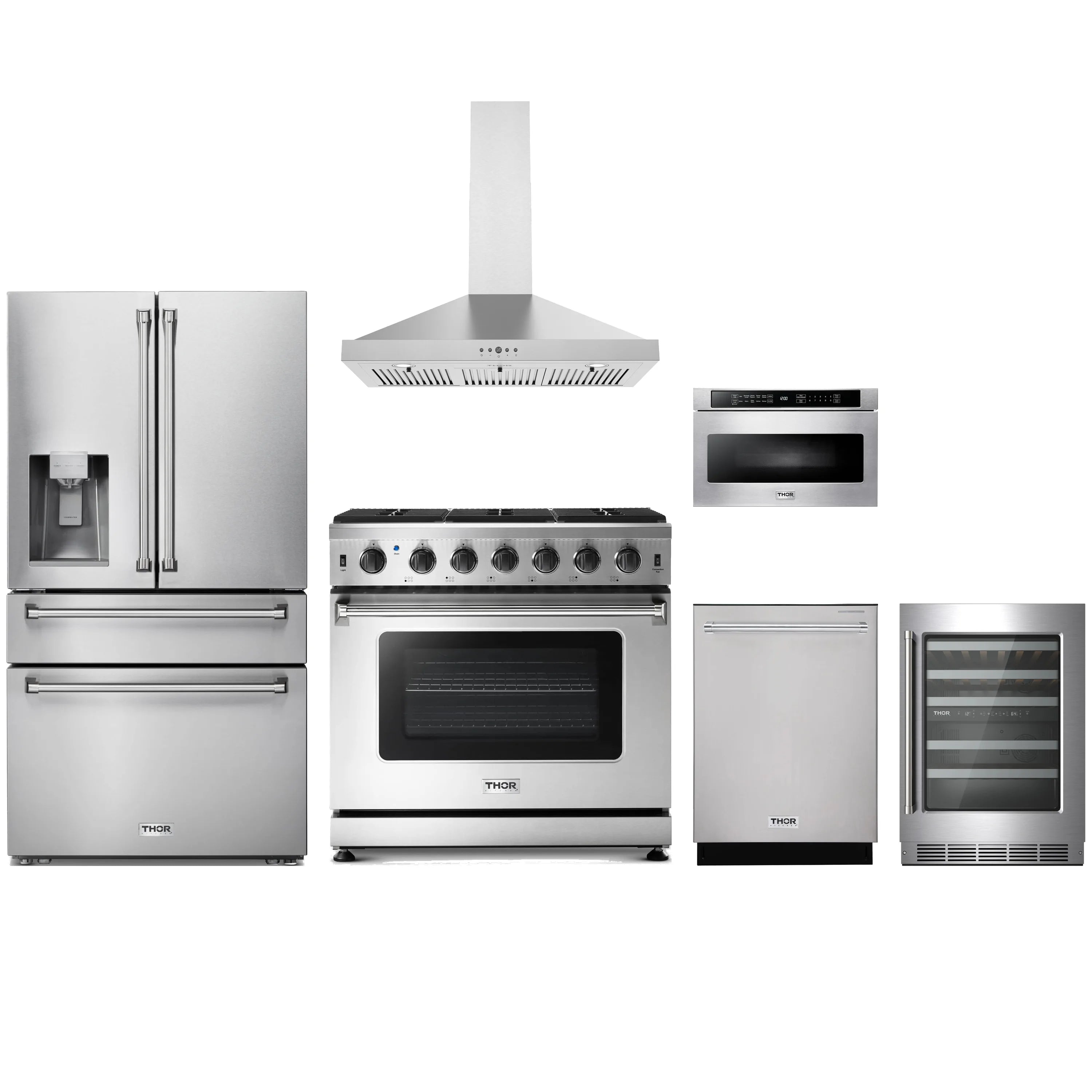 Stainless steel 6-piece appliance package with gas range, refrigerator, and hood