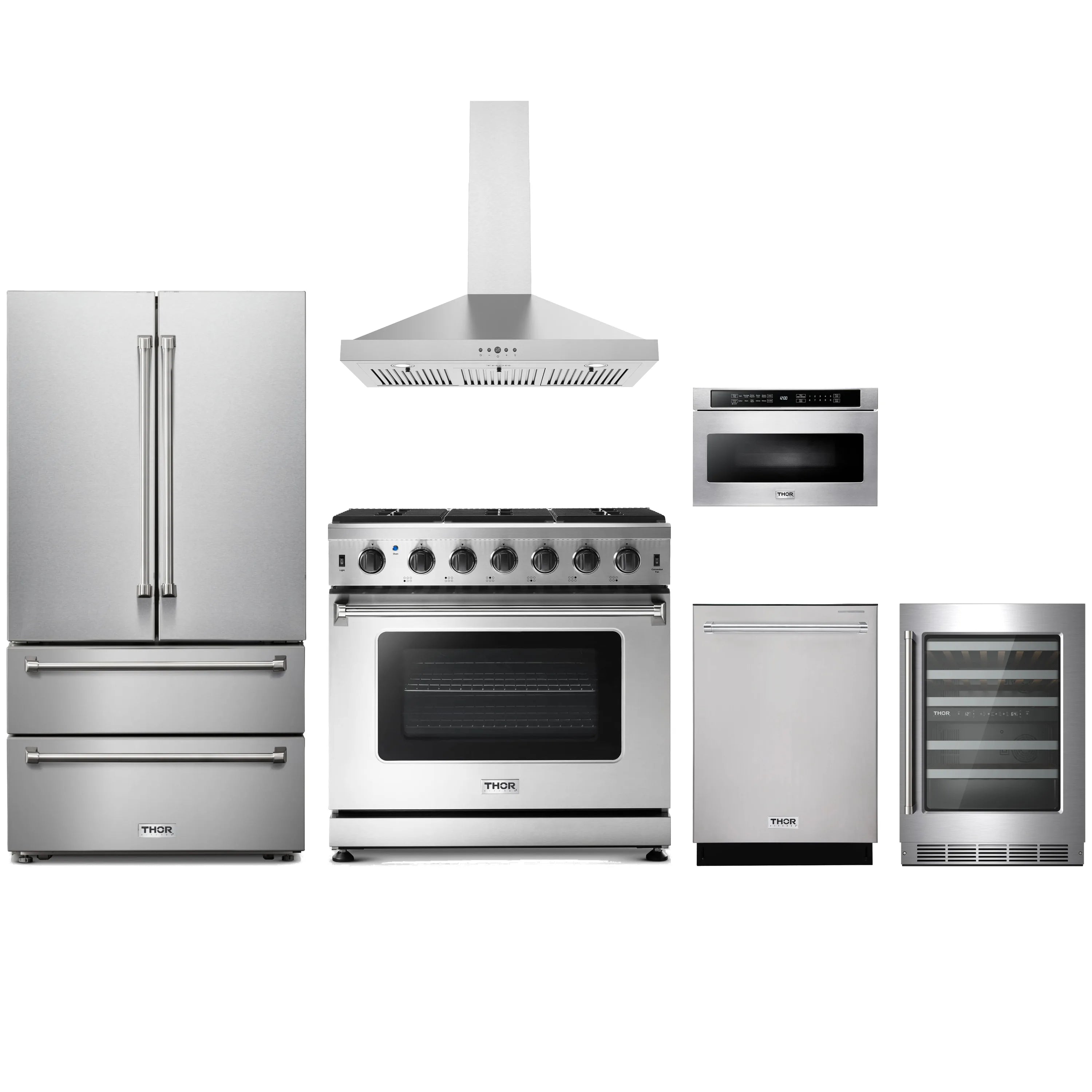 Stainless gas range with black cooktop burners, oven door window, and front control knobs.