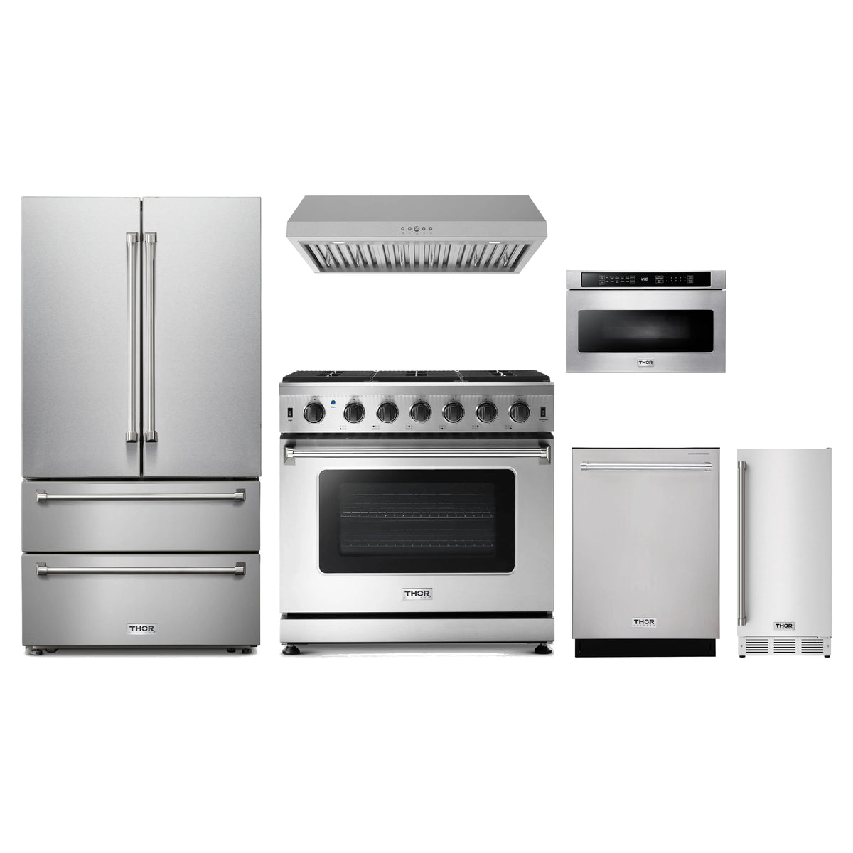 Thor Kitchen 6-Piece Appliance Package - 36-Inch Propane Gas Range, French Door Refrigerator, Under Cabinet Hood, Dishwasher, Microwave Drawer, & Ice Maker in Stainless Steel