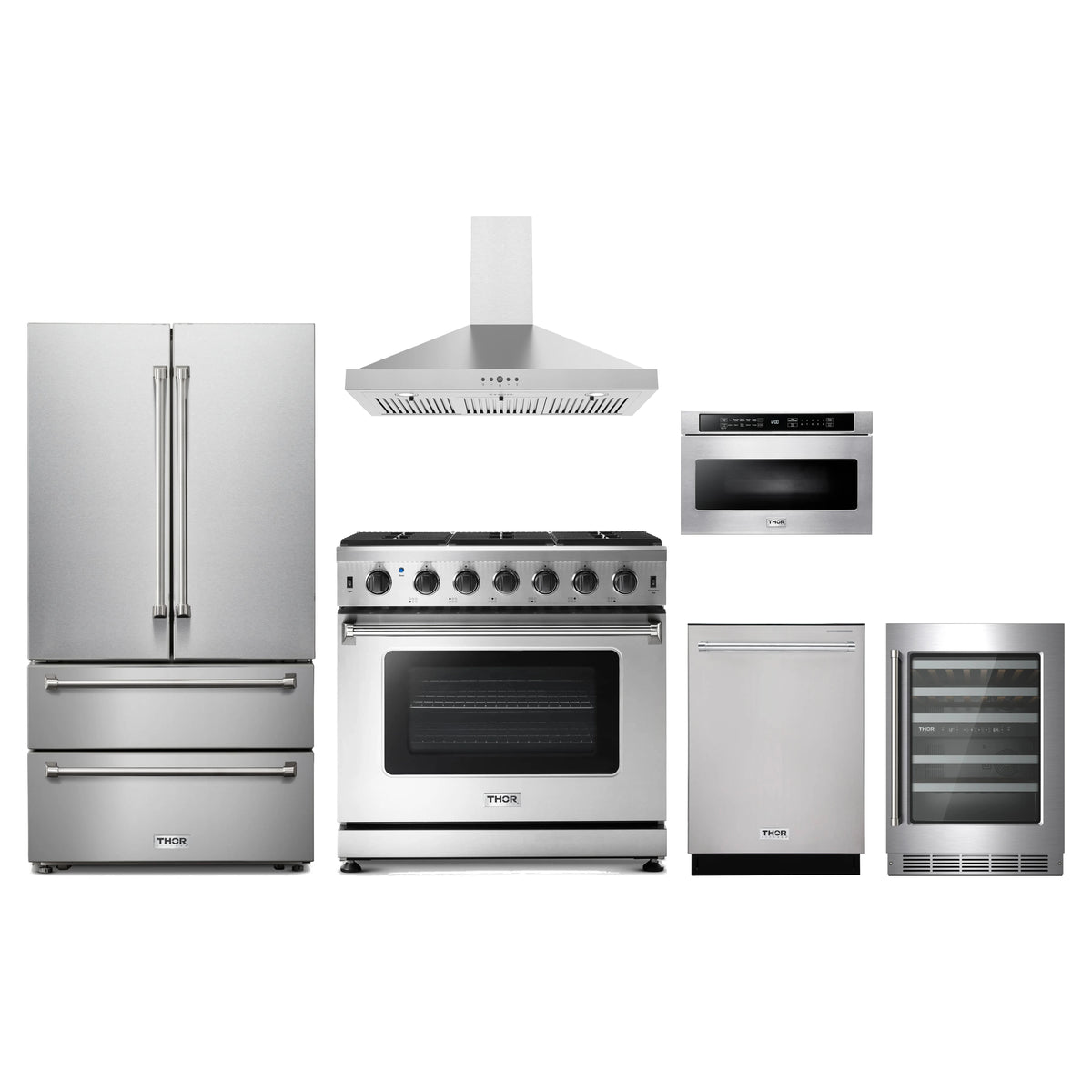 Thor Kitchen 6-Piece Appliance Package - 36-Inch Propane Gas Range, French Door Refrigerator, Wall Mount Hood, Dishwasher, Microwave Drawer, & Wine Cooler in Stainless Steel