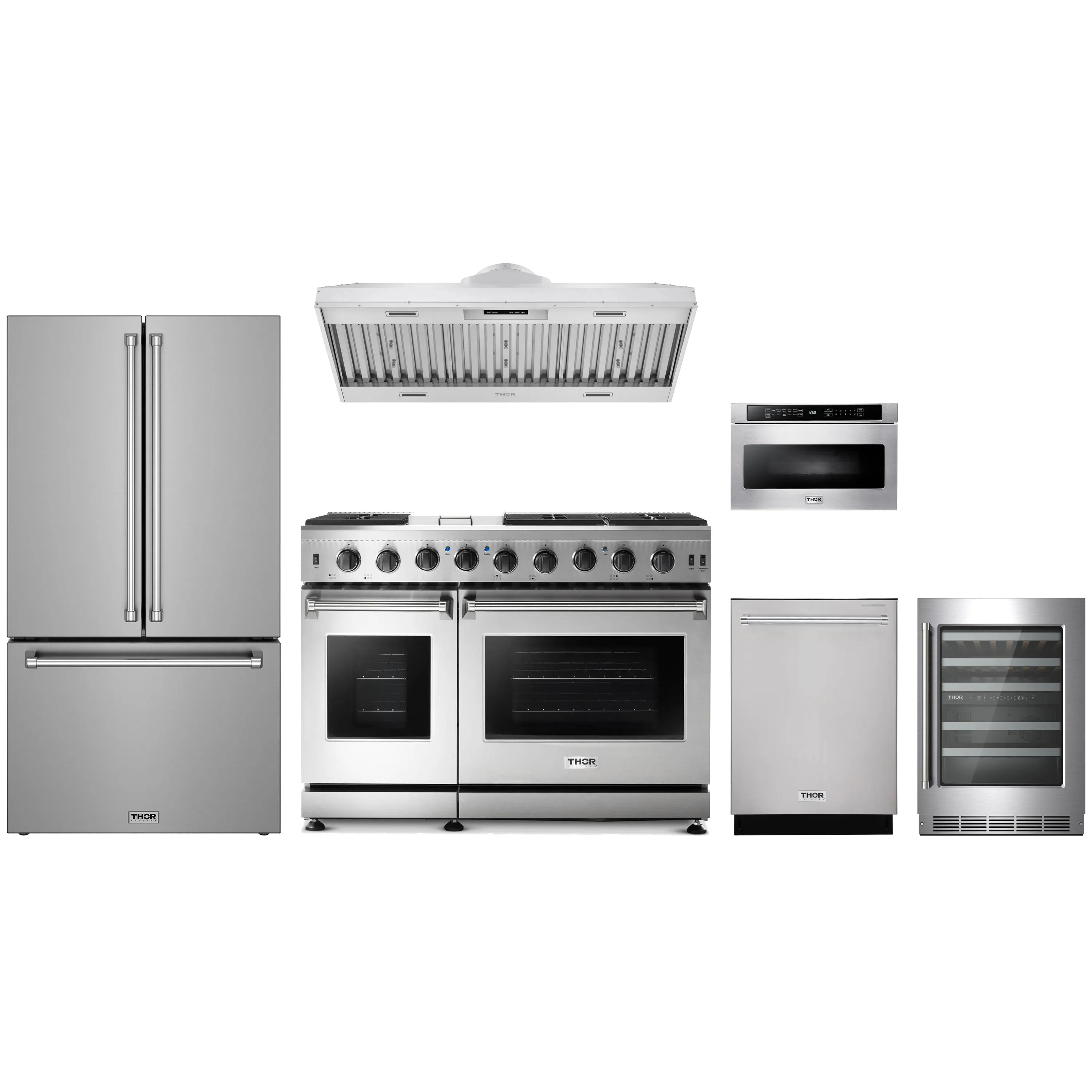 Stainless steel kitchen appliance package with gas range, ovens, and hood