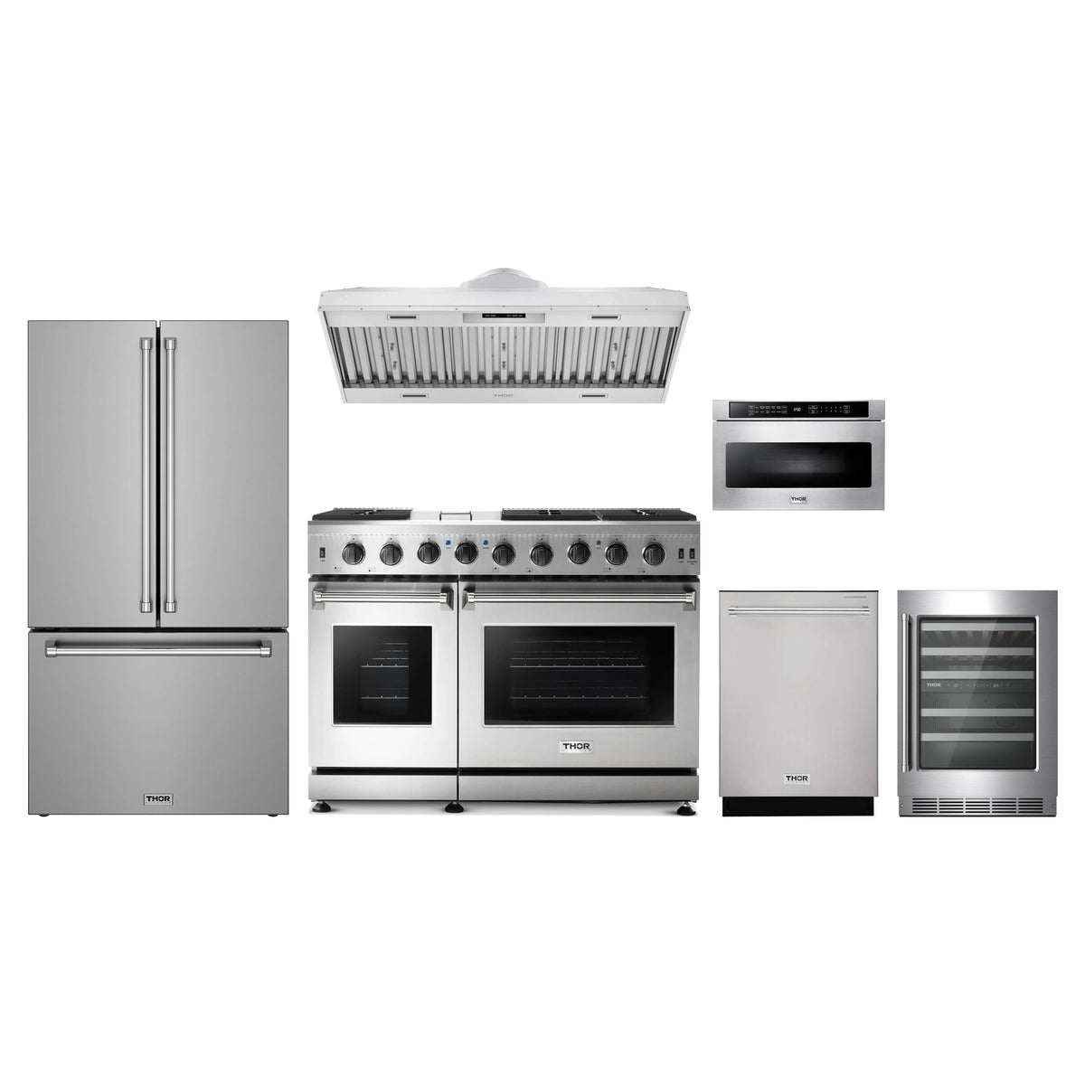 Thor Kitchen 6-Piece Appliance Package - 48-Inch Natural Gas Range, Counter-Depth Refrigerator, Hood Insert, Dishwasher, Microwave Drawer, & Wine Cooler in Stainless Steel