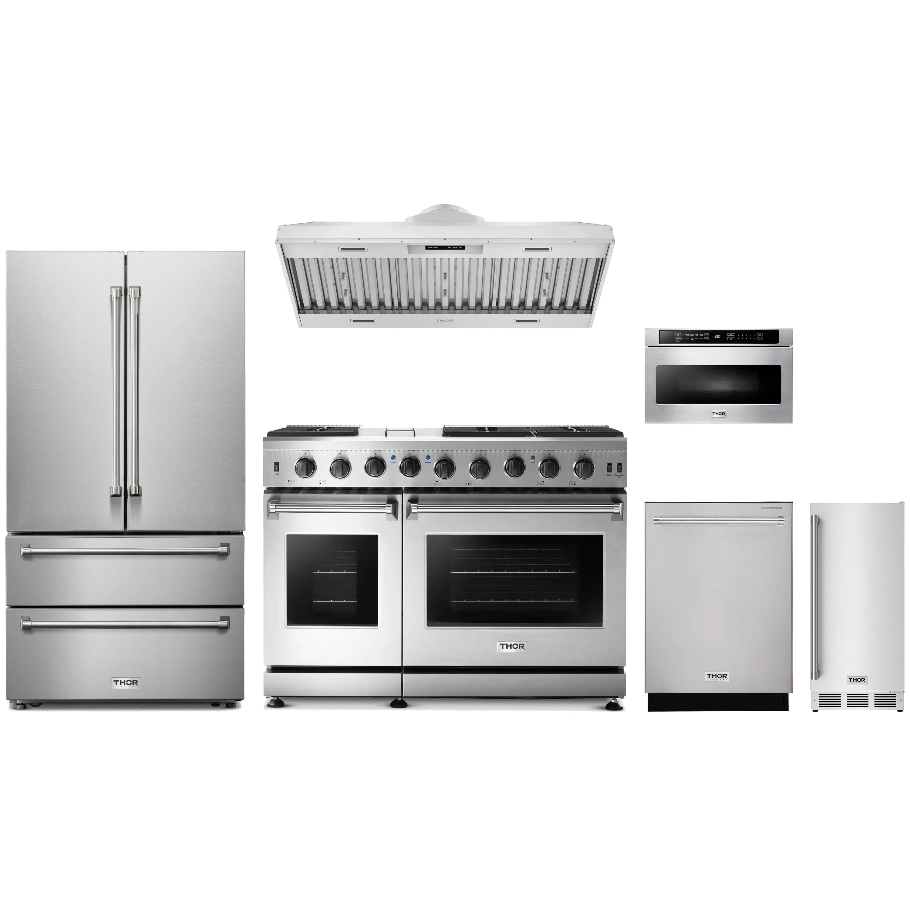 Stainless steel appliance package featuring gas range, French door refrigerator, dishwasher and microwave