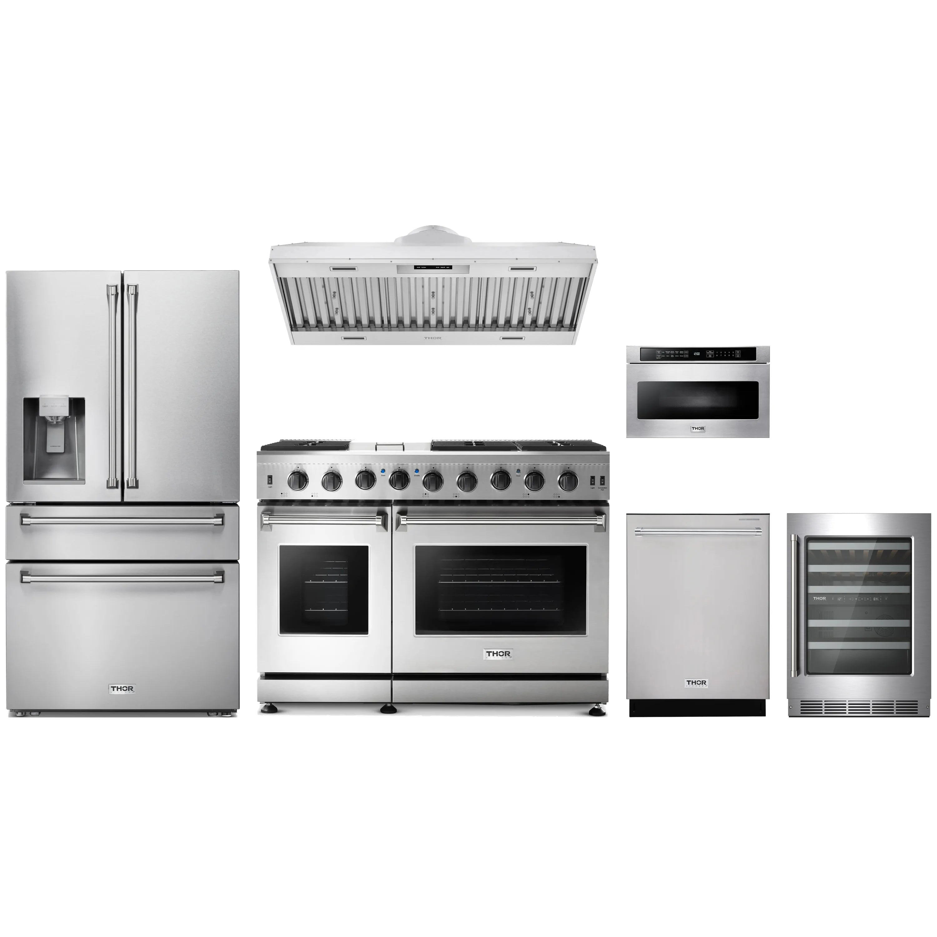 Stainless steel kitchen appliance package with gas range, refrigerator, dishwasher, hood