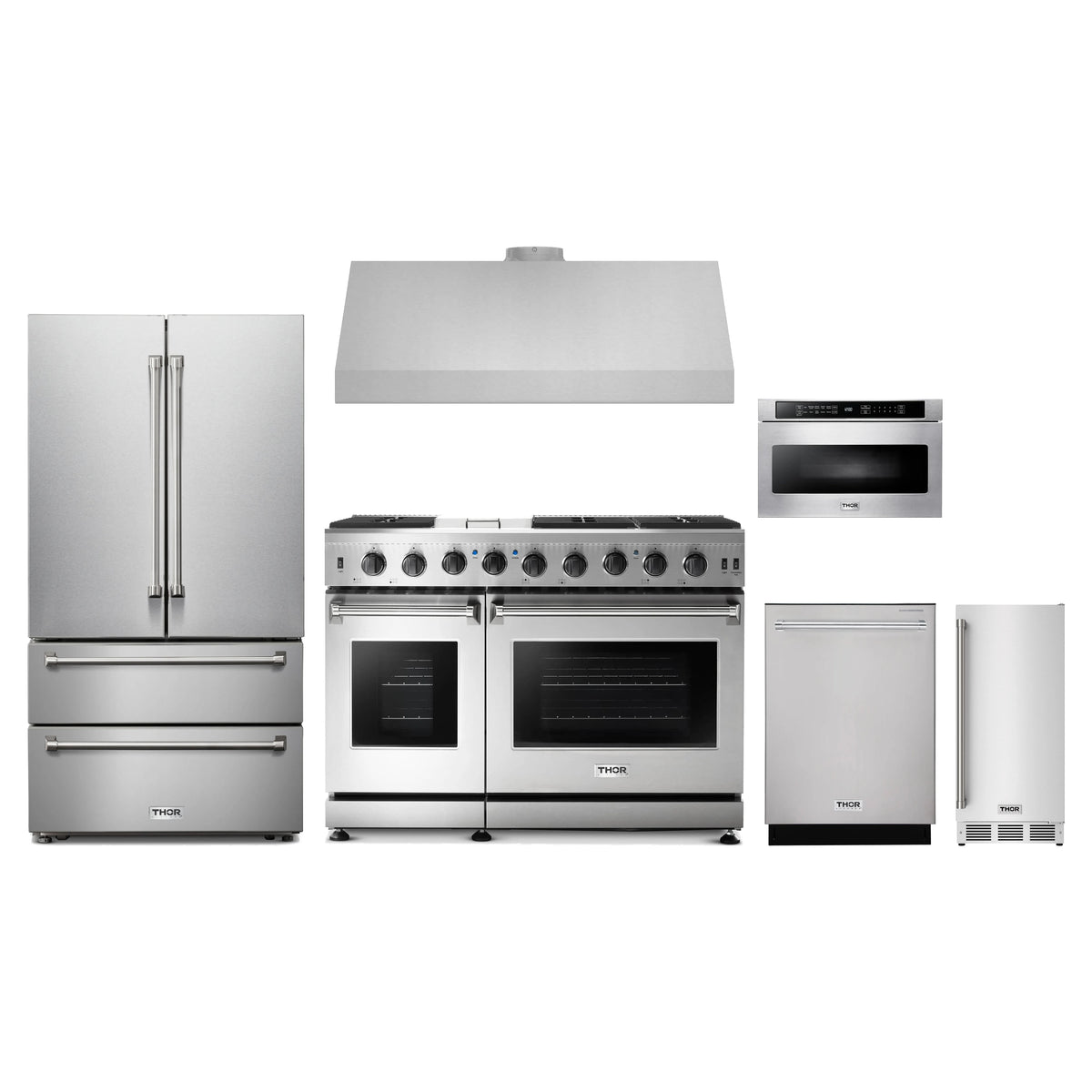 Thor Kitchen 6-Piece Appliance Package - 48-Inch Natural Gas Range, French Door Refrigerator, Under Cabinet Hood, Dishwasher, Microwave Drawer, & Ice Maker in Stainless Steel