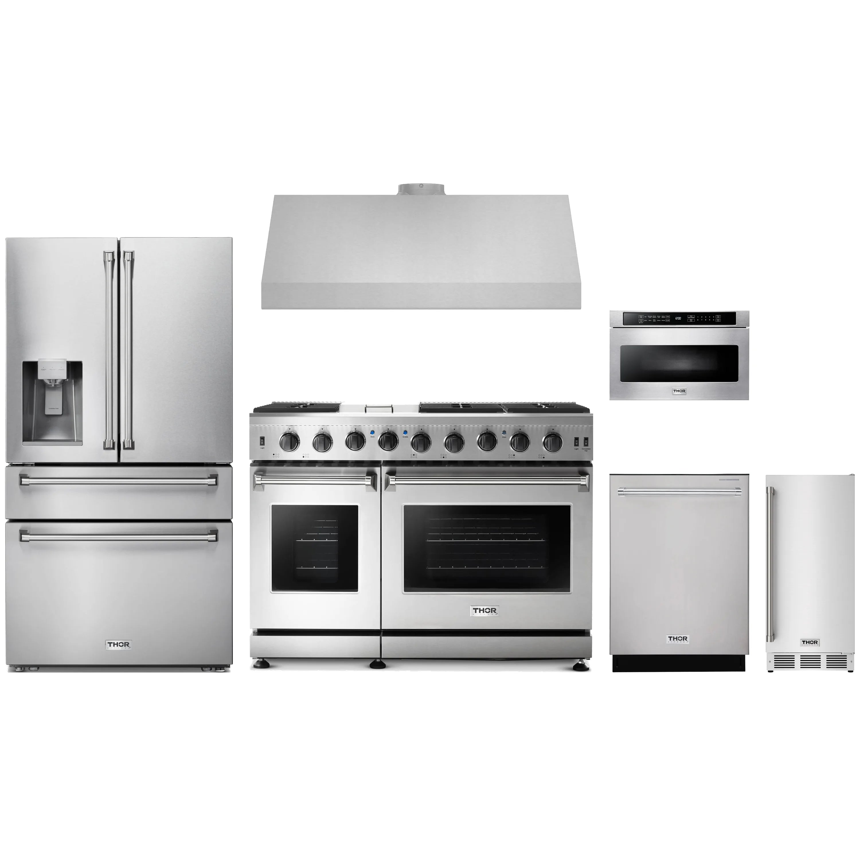 Stainless steel appliance package with gas range, fridge, hood, dishwasher, microwave