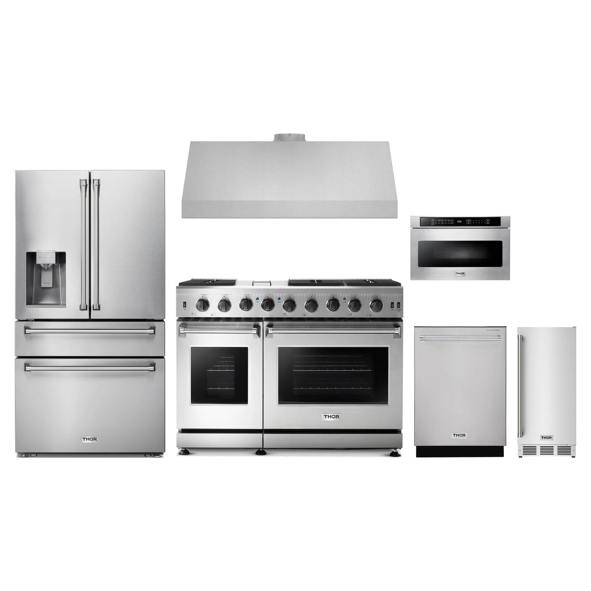 Thor Kitchen 6-Piece Appliance Package - 48-Inch Natural Gas Range, Refrigerator with Water Dispenser, Under Cabinet Hood, Dishwasher, Microwave Drawer, & Ice Maker in Stainless Steel
