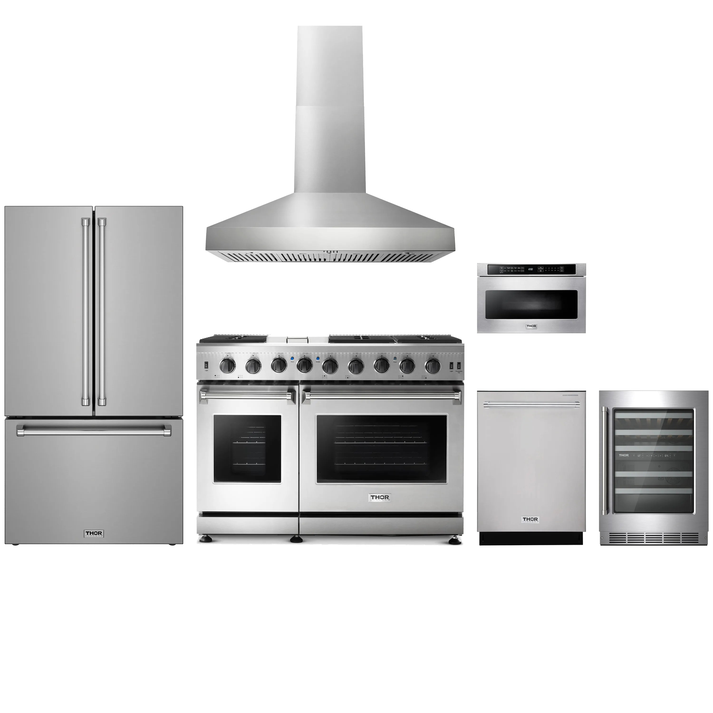 Stainless steel appliance package with wall hood and 48-inch propane gas range
