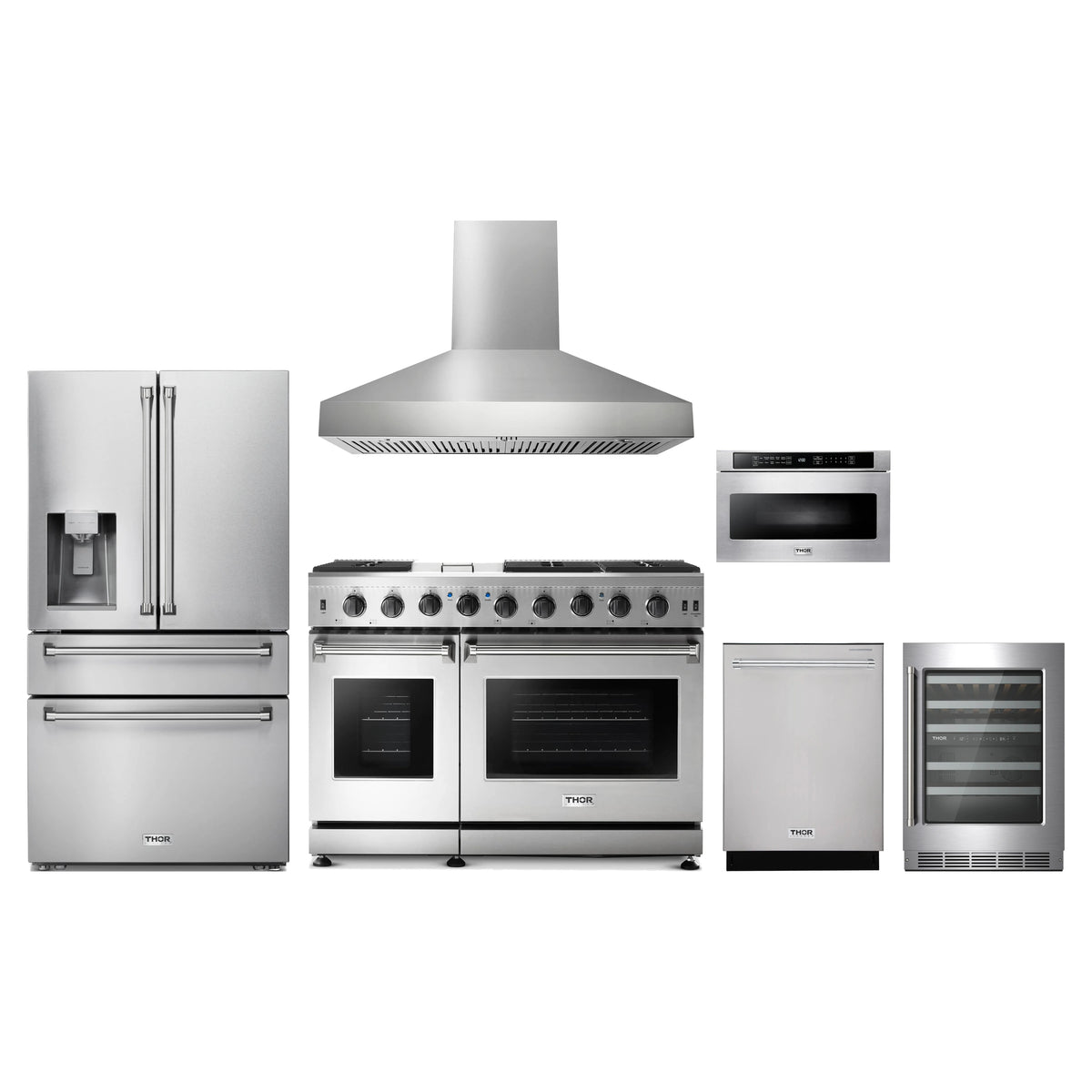 Thor Kitchen 6-Piece Appliance Package - 48-Inch Natural Gas Range, Refrigerator with Water Dispenser, Wall Mount Hood, Dishwasher, Microwave Drawer, & Wine Cooler in Stainless Steel