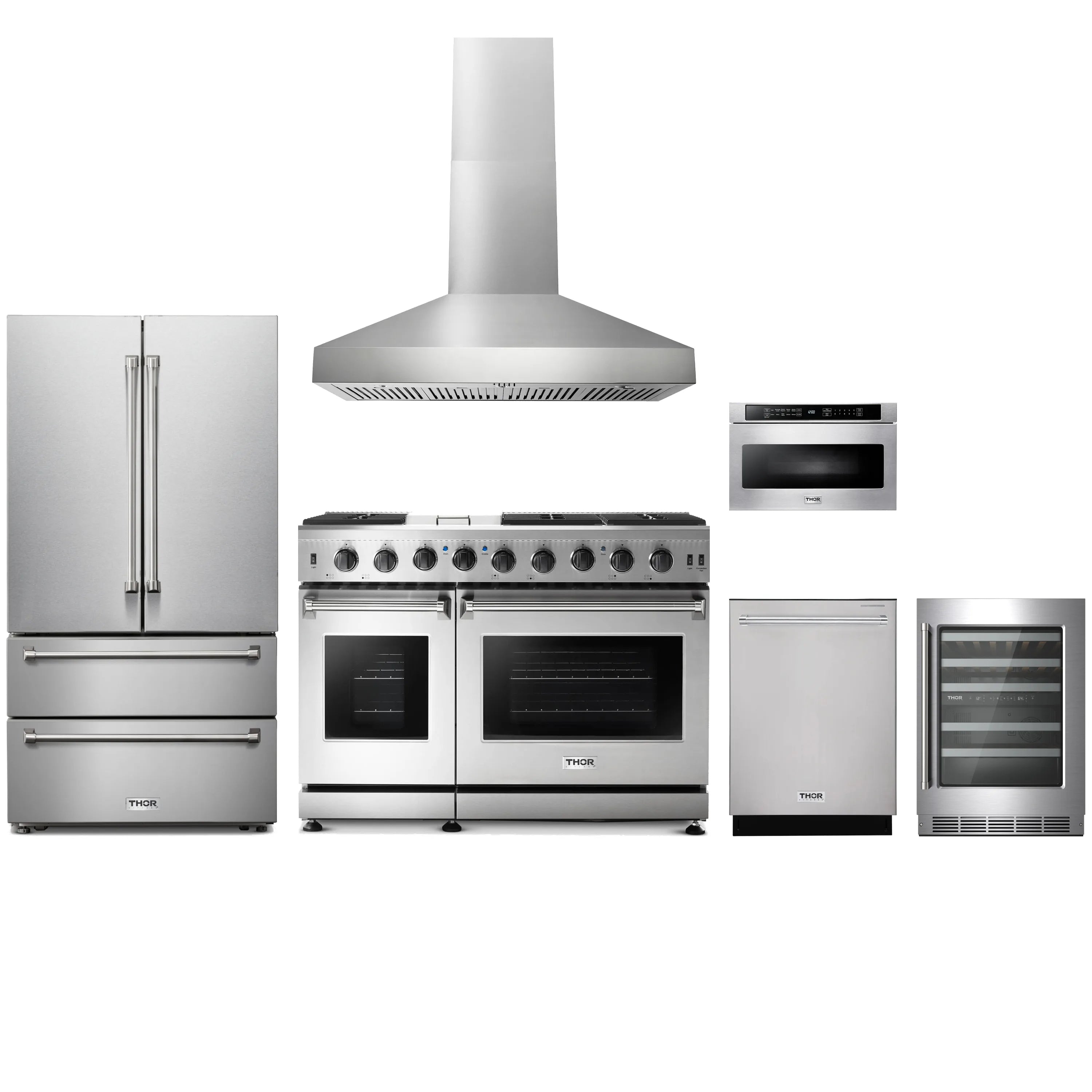 Stainless steel appliance package with gas range, refrigerator, range hood, and wine cooler