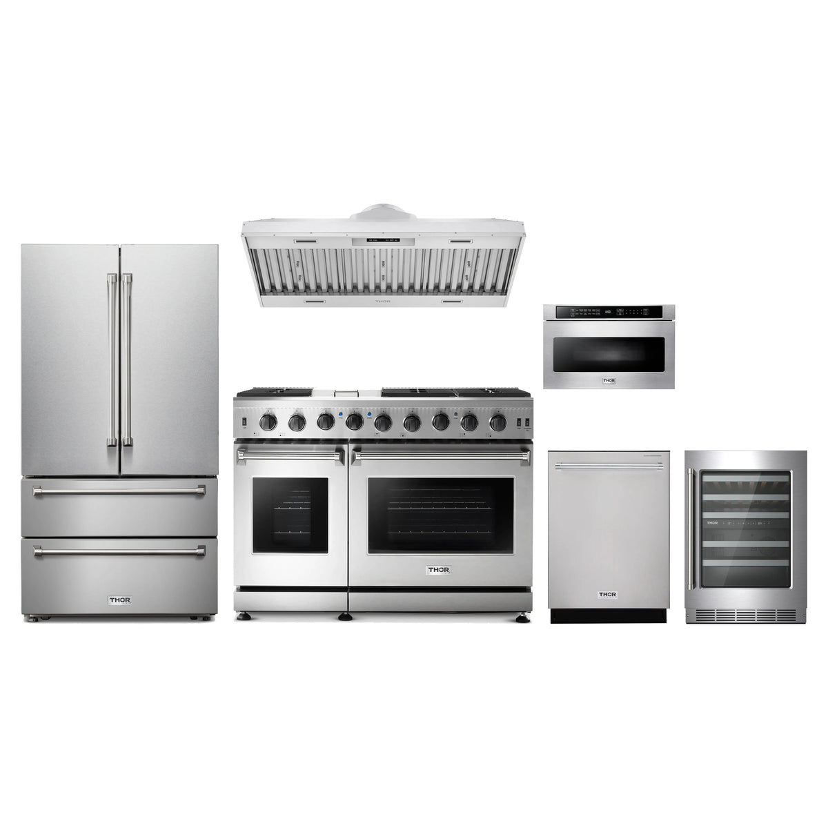 Thor Kitchen 6-Piece Appliance Package - 48-Inch Propane Gas Range, French Door Refrigerator, Hood Insert, Dishwasher, Microwave Drawer, & Wine Cooler in Stainless Steel