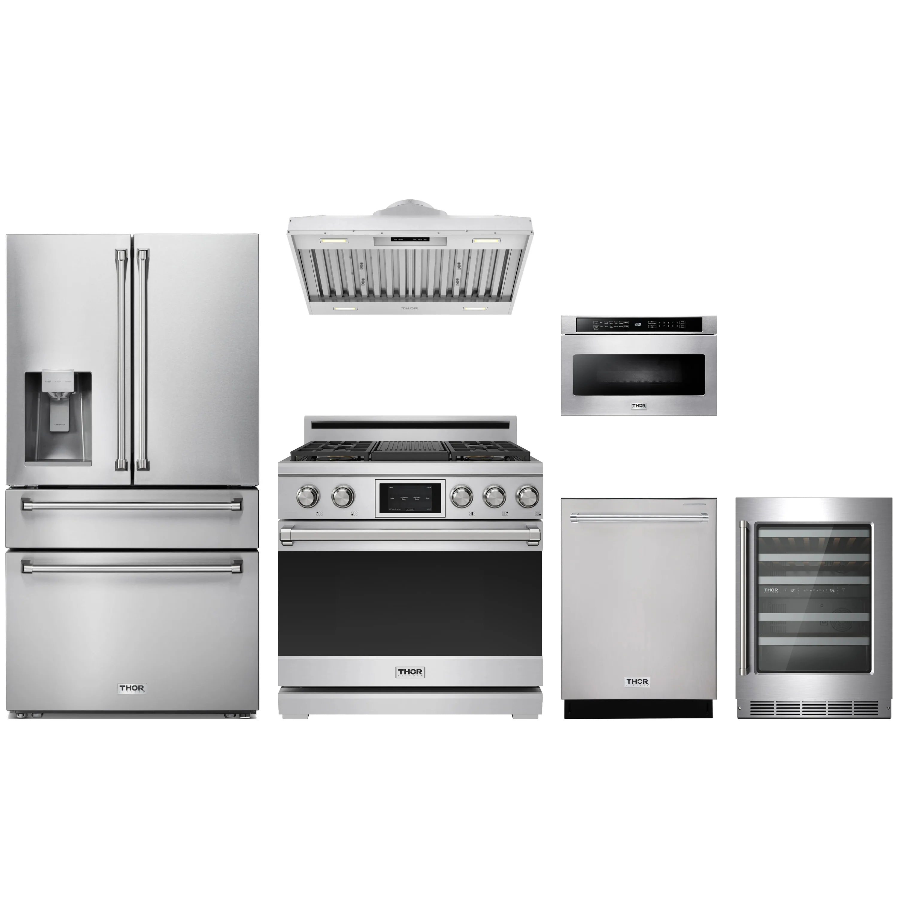 Stainless steel appliance package with refrigerator, range, microwave, dishwasher, wine cooler, hood