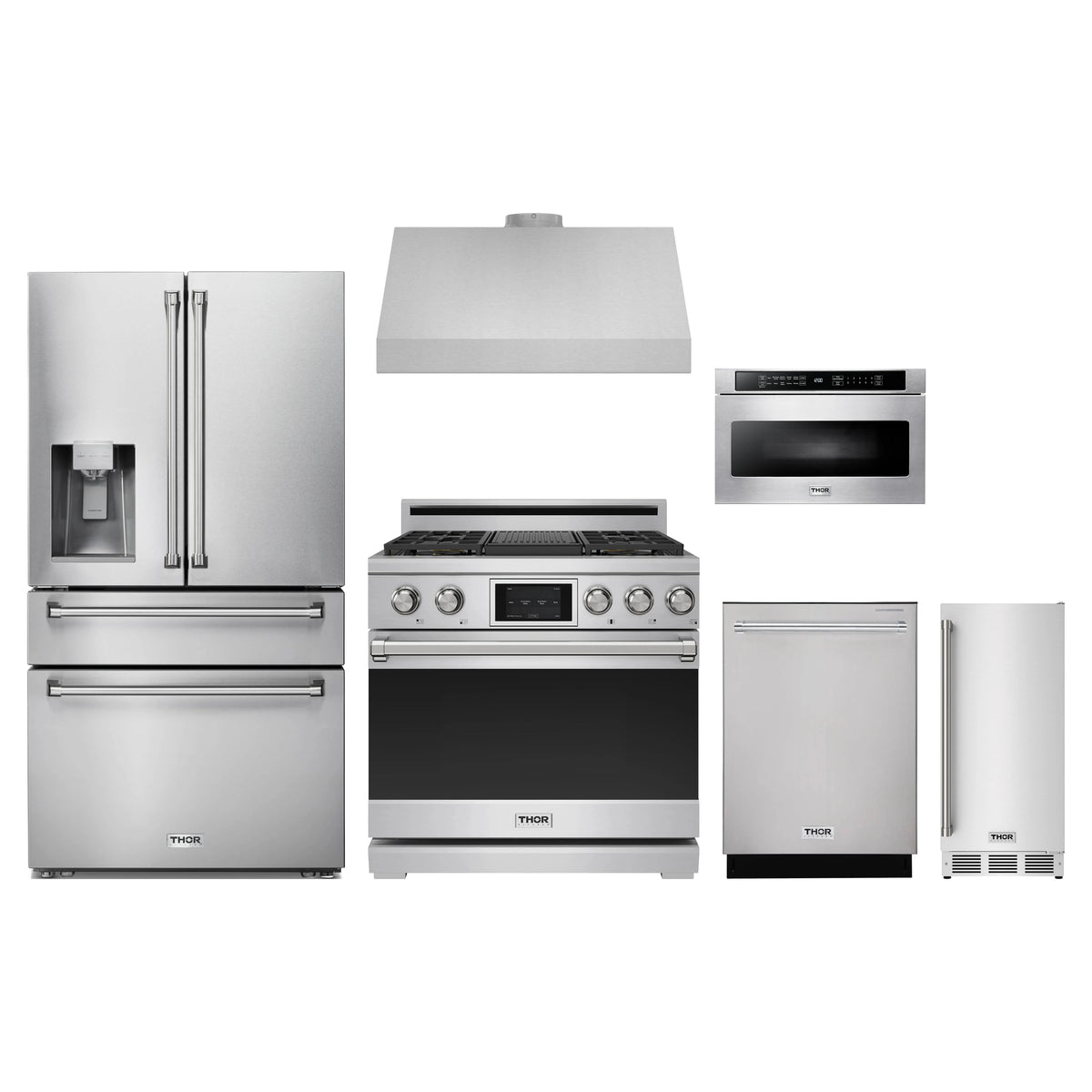 Thor Kitchen 6-Piece Appliance Package - 36-Inch Dual Fuel Range, Refrigerator with Water Dispenser, Under Cabinet Hood, Dishwasher, Microwave Drawer, & Ice Maker in Stainless Steel