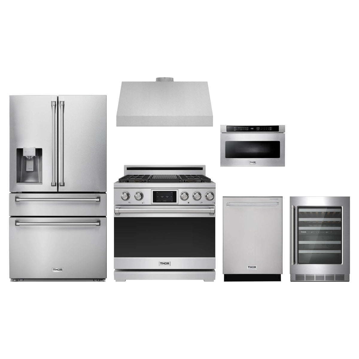 Thor Kitchen 6-Piece Appliance Package - 36-Inch Dual Fuel Range, Refrigerator with Water Dispenser, Under Cabinet Hood, Dishwasher, Microwave Drawer, & Wine Cooler in Stainless Steel