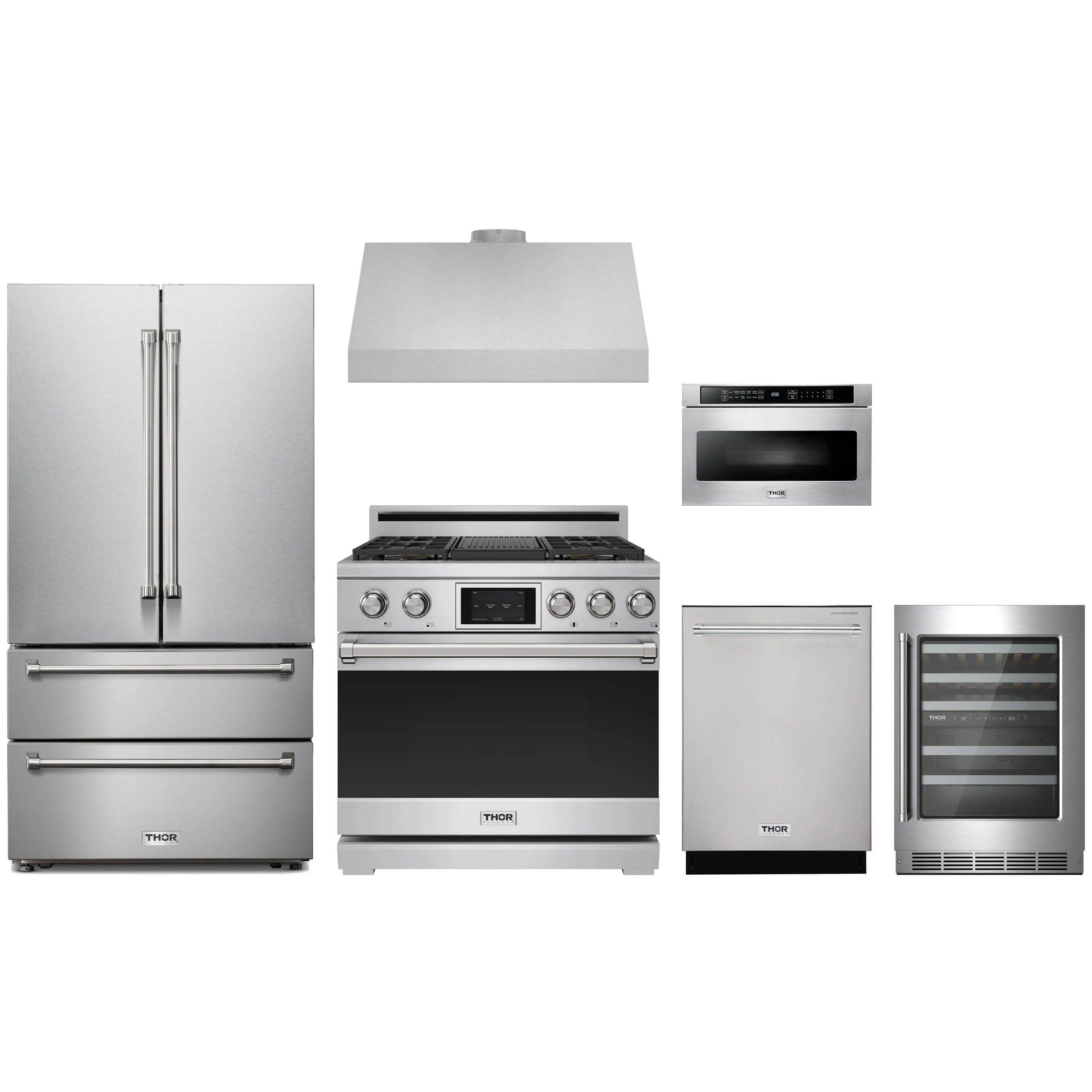Stainless steel kitchen appliance package with range, refrigerator, hood, dishwasher, microwave, wine cooler