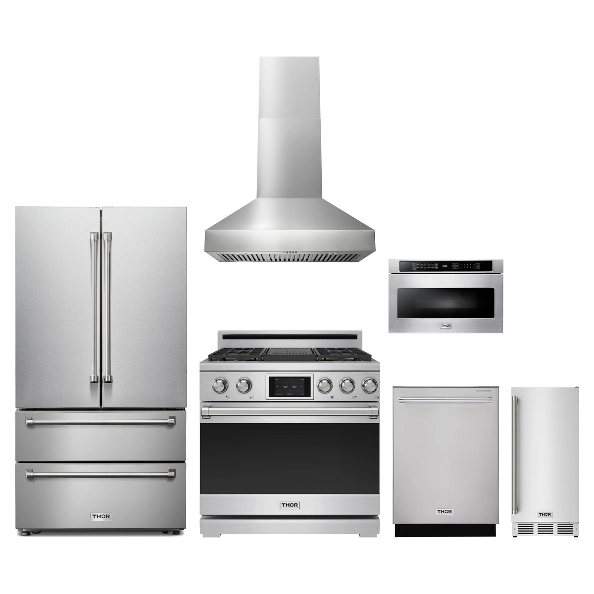 Thor Kitchen 6-Piece Appliance Package - 36-Inch Dual Fuel Range, French Door Refrigerator, Wall Mount Hood, Dishwasher, Microwave Drawer, & Ice Maker in Stainless Steel