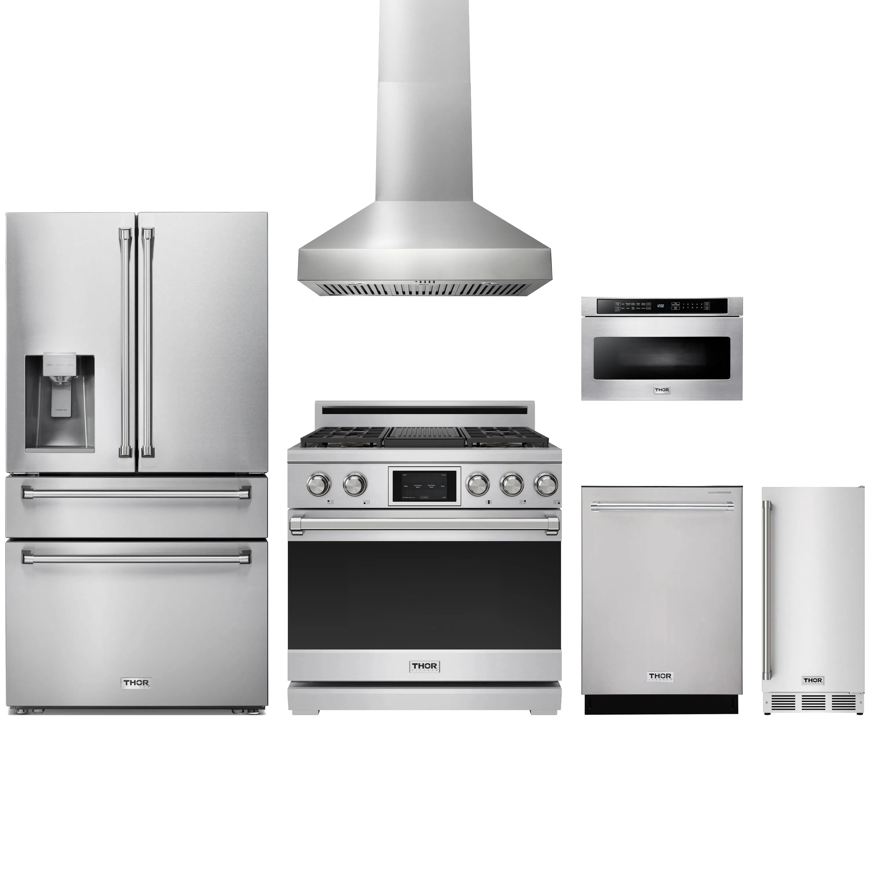 Stainless steel kitchen appliance package with range, hood, and refrigerator