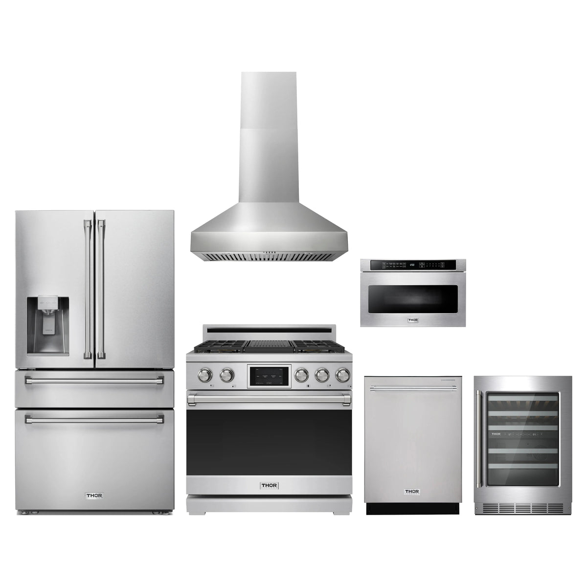 Thor Kitchen 6-Piece Appliance Package - 36-Inch Dual Fuel Range, Refrigerator with Water Dispenser, Wall Mount Hood, Dishwasher, Microwave Drawer, & Wine Cooler in Stainless Steel