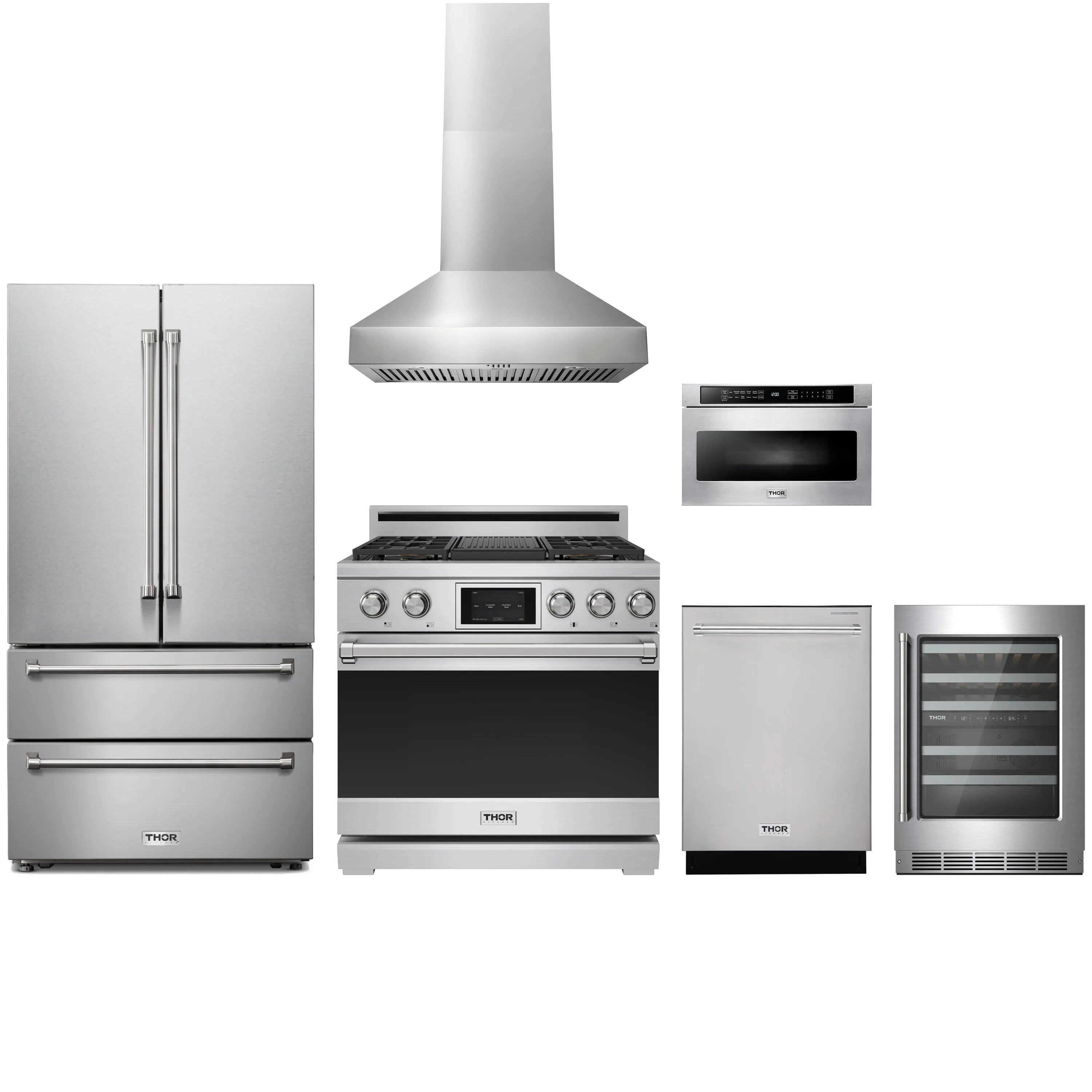 Stainless steel appliance package with range, hood, refrigerator, dishwasher, microwave, wine cooler