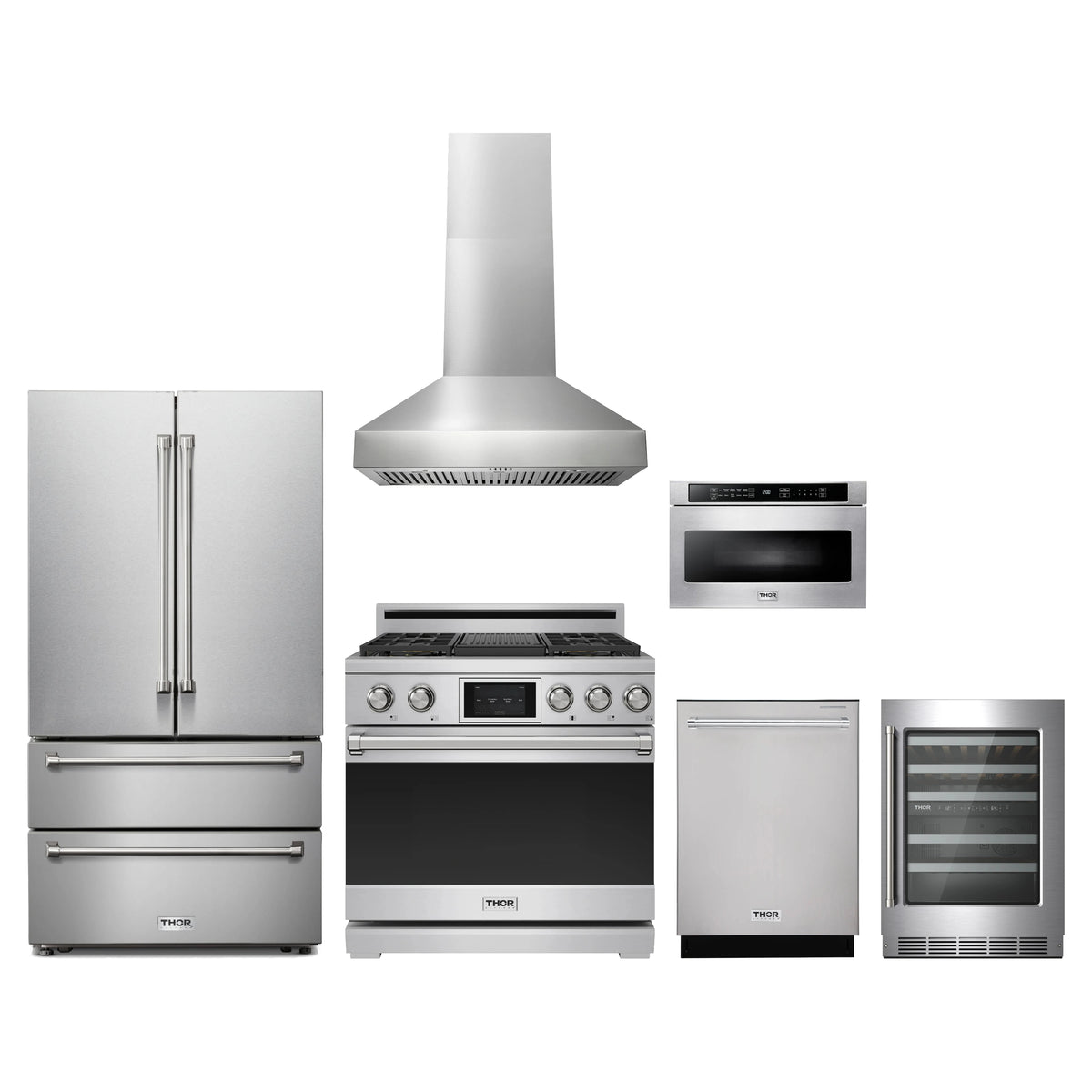 Thor Kitchen 6-Piece Appliance Package - 36-Inch Dual Fuel Range, French Door Refrigerator, Wall Mount Hood, Dishwasher, Microwave Drawer, & Wine Cooler in Stainless Steel