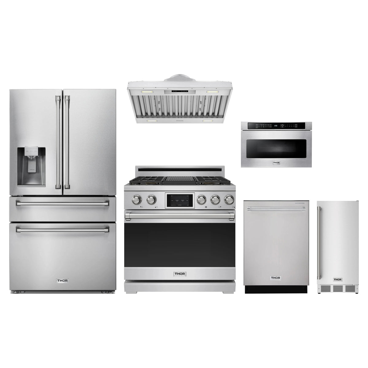 Thor Kitchen 6-Piece Appliance Package - 36-Inch Propane Dual Fuel Range, Refrigerator with Water Dispenser, Hood Insert, Dishwasher, Microwave Drawer, & Ice Maker in Stainless Steel
