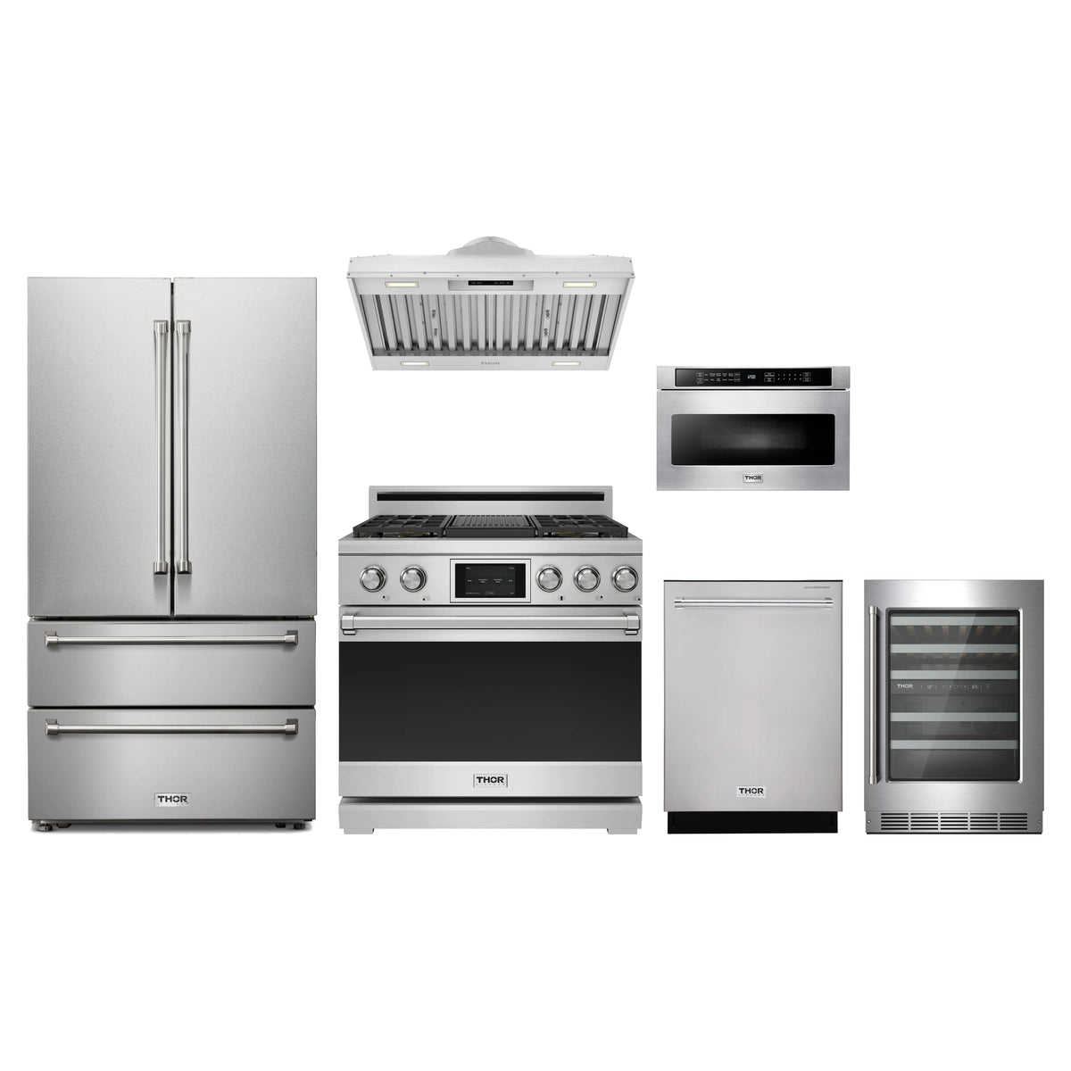 Thor Kitchen 6-Piece Appliance Package - 36-Inch Propane Dual Fuel Range, French Door Refrigerator, Hood Insert, Dishwasher, Microwave Drawer, & Wine Cooler in Stainless Steel