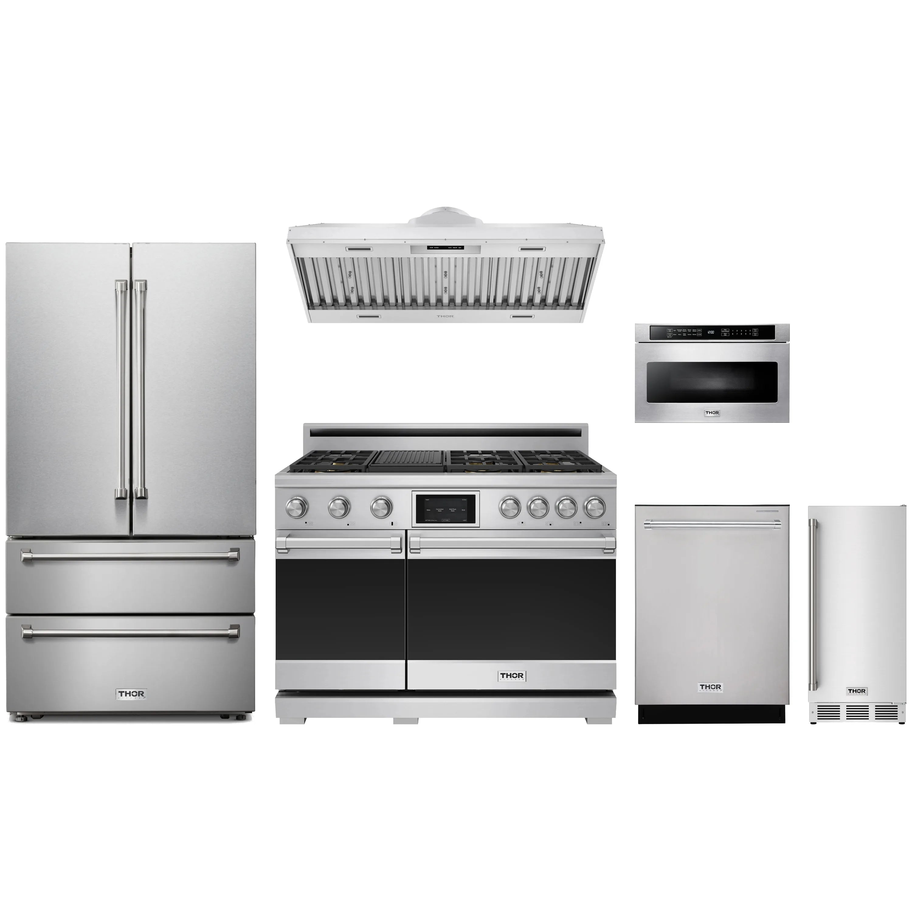 Stainless steel appliance package featuring dual-fuel range, hood insert, fridge and dishwasher