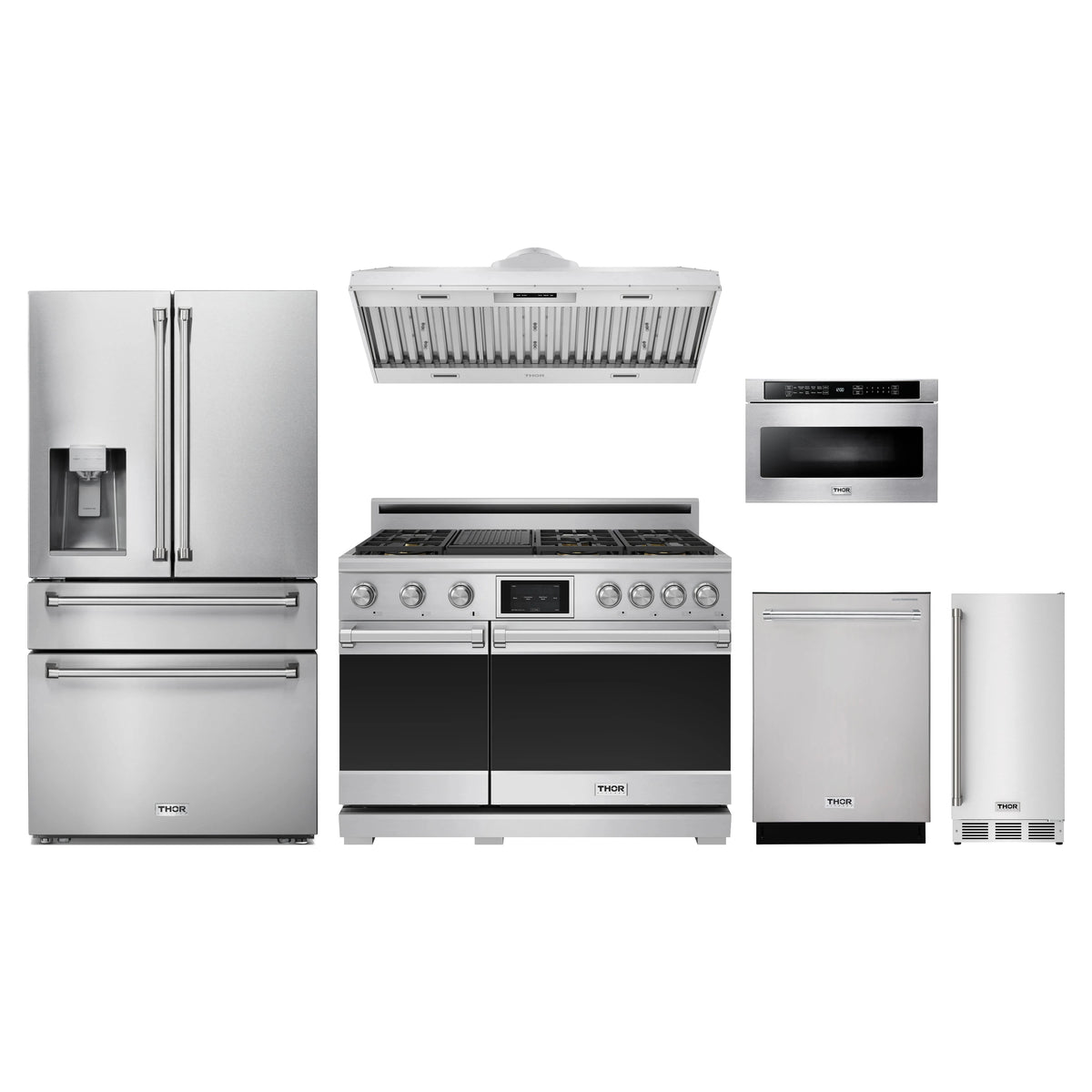 Thor Kitchen 6-Piece Appliance Package - 48-Inch Dual Fuel Range, Refrigerator with Water Dispenser, Hood Insert, Dishwasher, Microwave Drawer, & Ice Maker in Stainless Steel