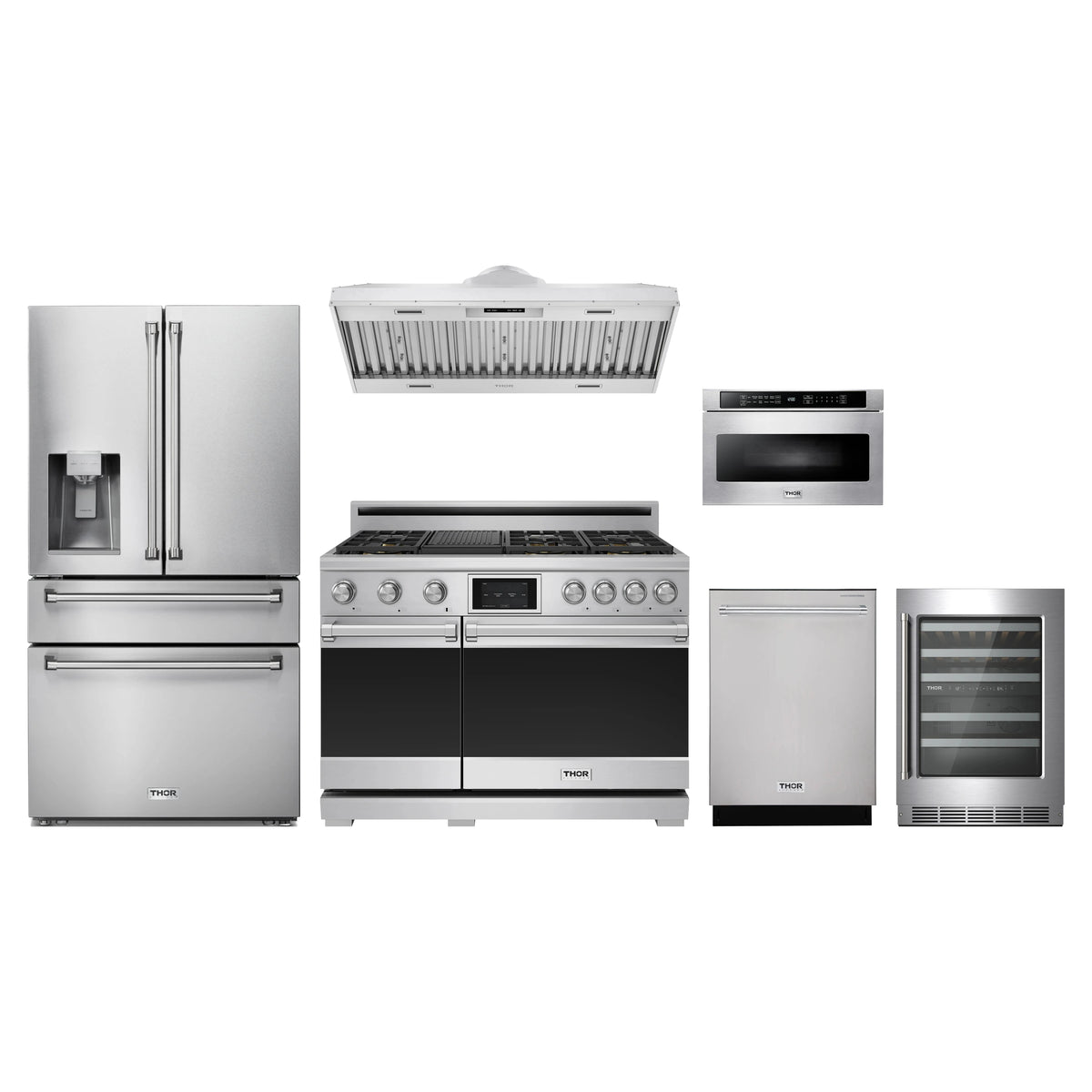 Thor Kitchen 6-Piece Appliance Package - 48-Inch Dual Fuel Range, Refrigerator with Water Dispenser, Hood Insert, Dishwasher, Microwave Drawer, & Wine Cooler in Stainless Steel