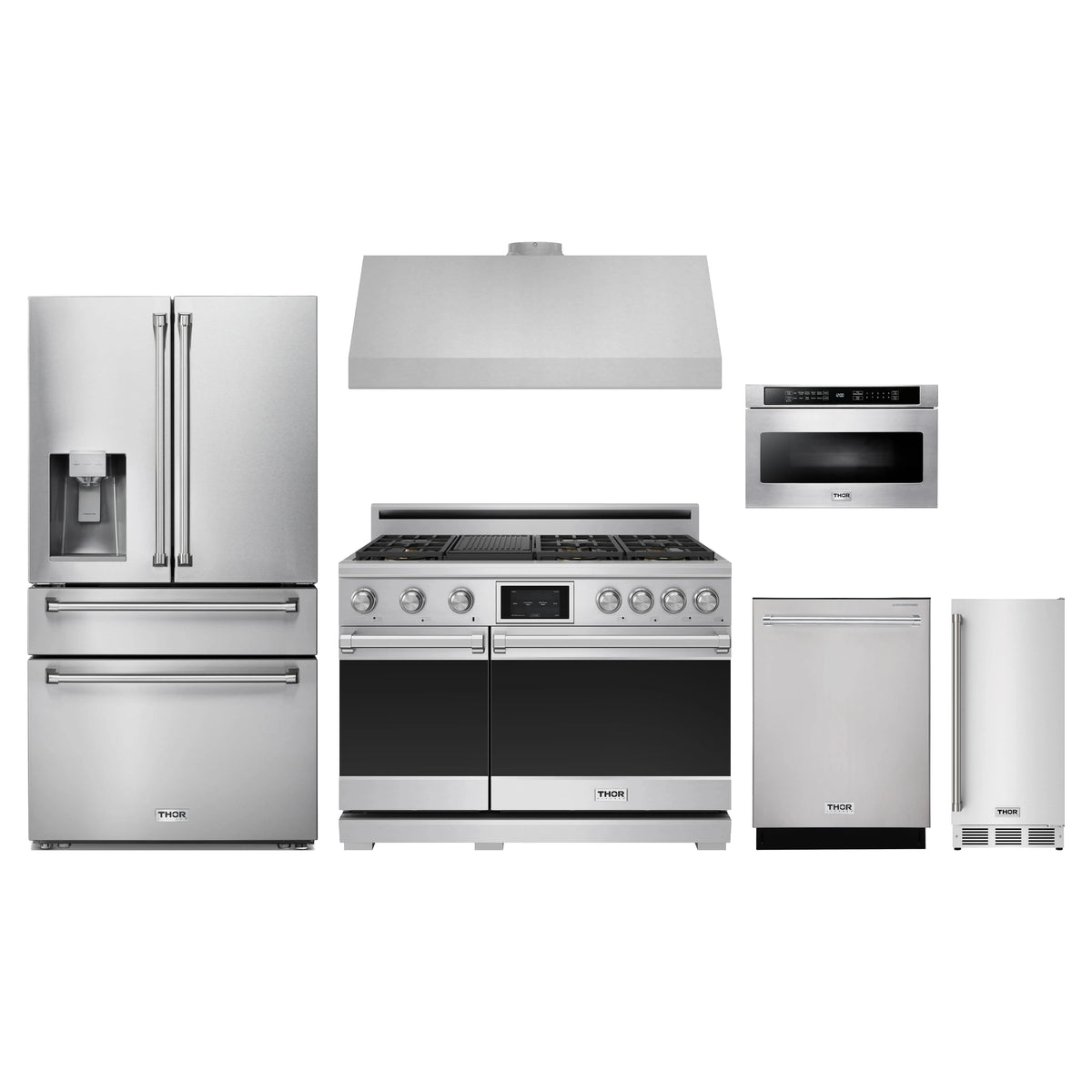 Thor Kitchen 6-Piece Appliance Package - 48-Inch Dual Fuel Range, Refrigerator with Water Dispenser, Under Cabinet Hood, Dishwasher, Microwave Drawer, & Ice Maker in Stainless Steel
