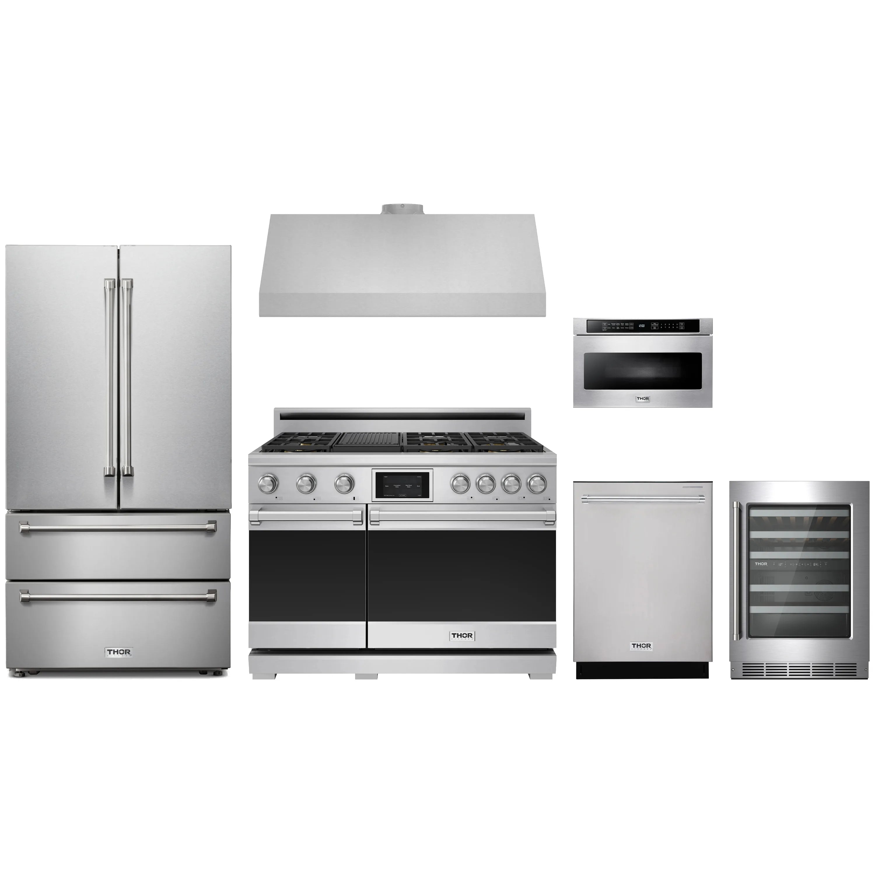 Thor stainless steel appliance package set with dual fuel range, hood, refrigerator, and more