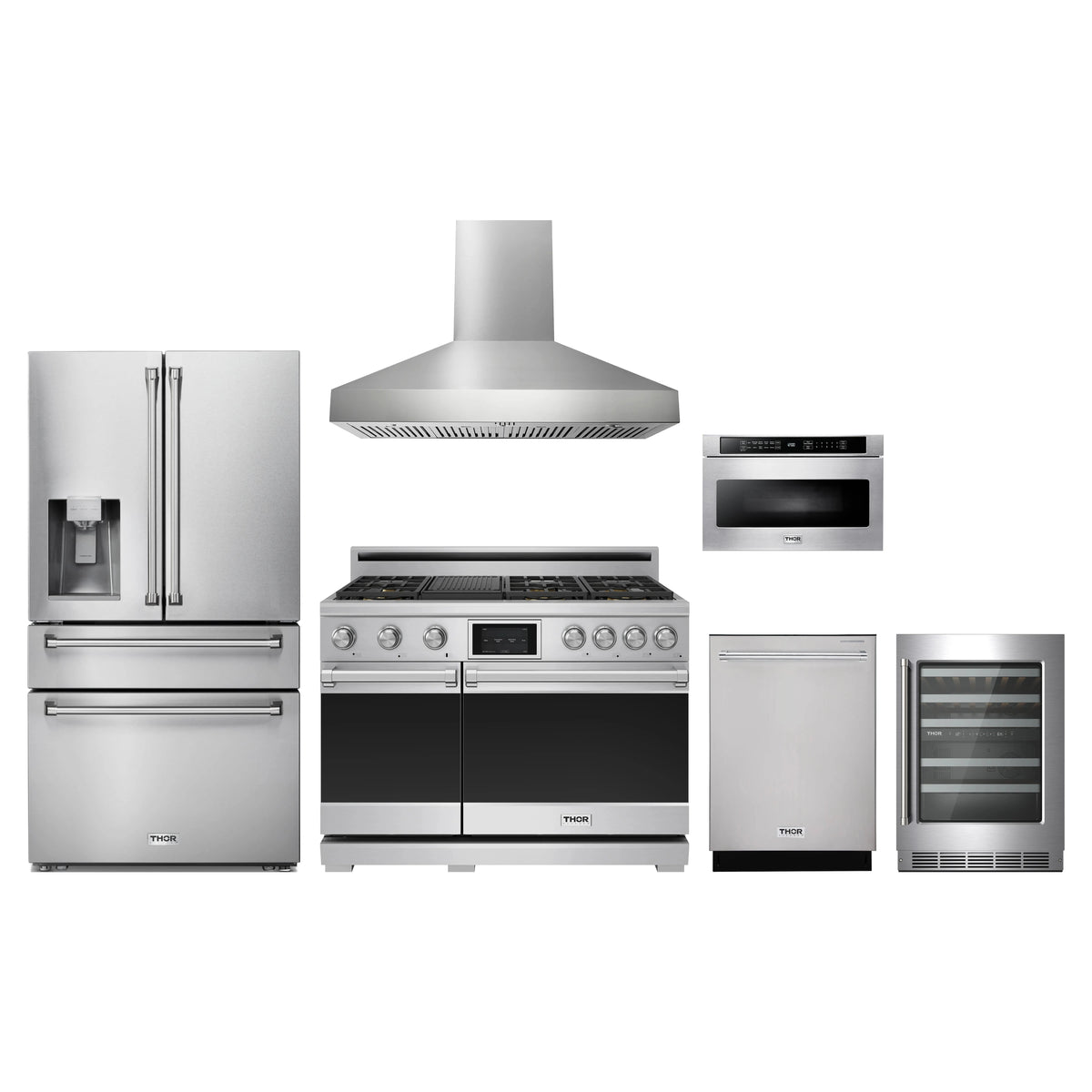 Thor Kitchen 6-Piece Appliance Package - 48-Inch Dual Fuel Range, Refrigerator with Water Dispenser, Wall Mount Hood, Dishwasher, Microwave Drawer, & Wine Cooler in Stainless Steel