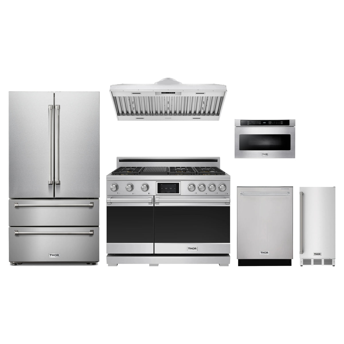 Thor Kitchen 6-Piece Appliance Package - 48-Inch Propane Dual Fuel Range, French Door Refrigerator, Hood Insert, Dishwasher, Microwave Drawer, & Ice Maker in Stainless Steel