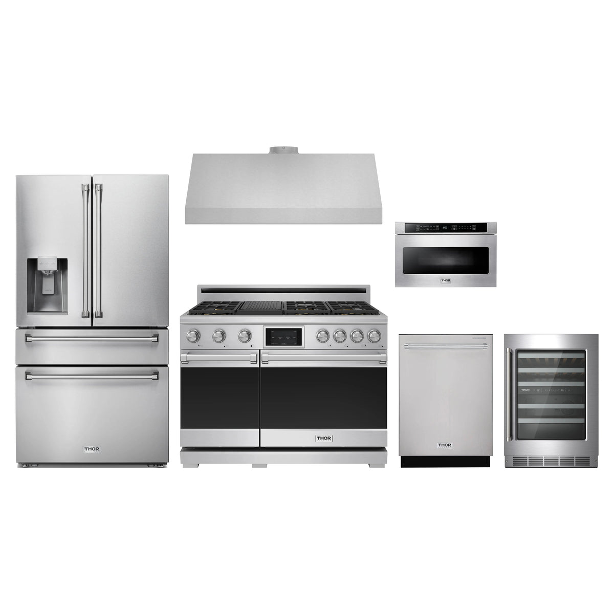 Thor Kitchen 6-Piece Appliance Package - 48-Inch Propane Dual Fuel Range, Refrigerator with Water Dispenser, Under Cabinet Hood, Dishwasher, Microwave Drawer, & Wine Cooler in Stainless Steel