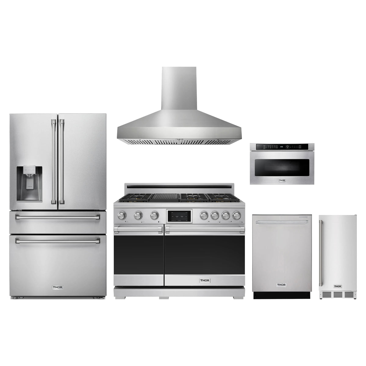 Thor Kitchen 6-Piece Appliance Package - 48-Inch Propane Dual Fuel Range, Refrigerator with Water Dispenser, Wall Mount Hood, Dishwasher, Microwave Drawer, & Ice Maker in Stainless Steel