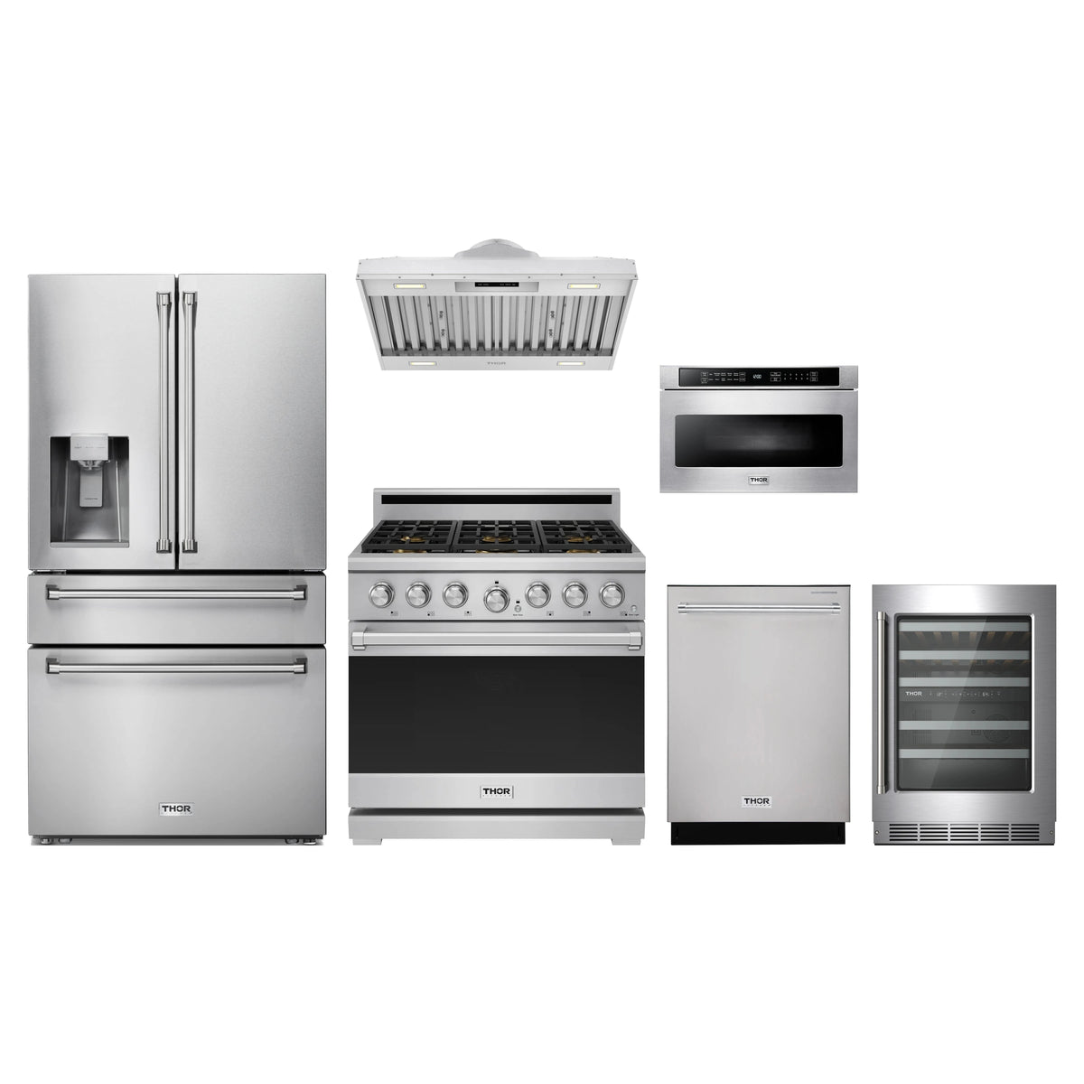 Thor Kitchen 6-Piece Appliance Package - 36-Inch Natural Gas Range, Refrigerator with Water Dispenser, Hood Insert, Dishwasher, Microwave Drawer, & Wine Cooler in Stainless Steel