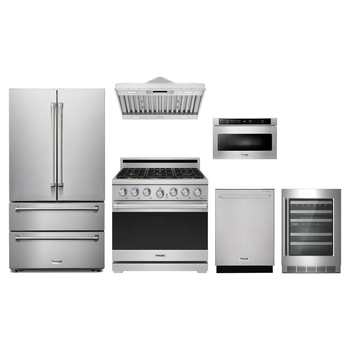 Thor Kitchen 6-Piece Appliance Package - 36-Inch Natural Gas Range, French Door Refrigerator, Hood Insert, Dishwasher, Microwave Drawer, & Wine Cooler in Stainless Steel