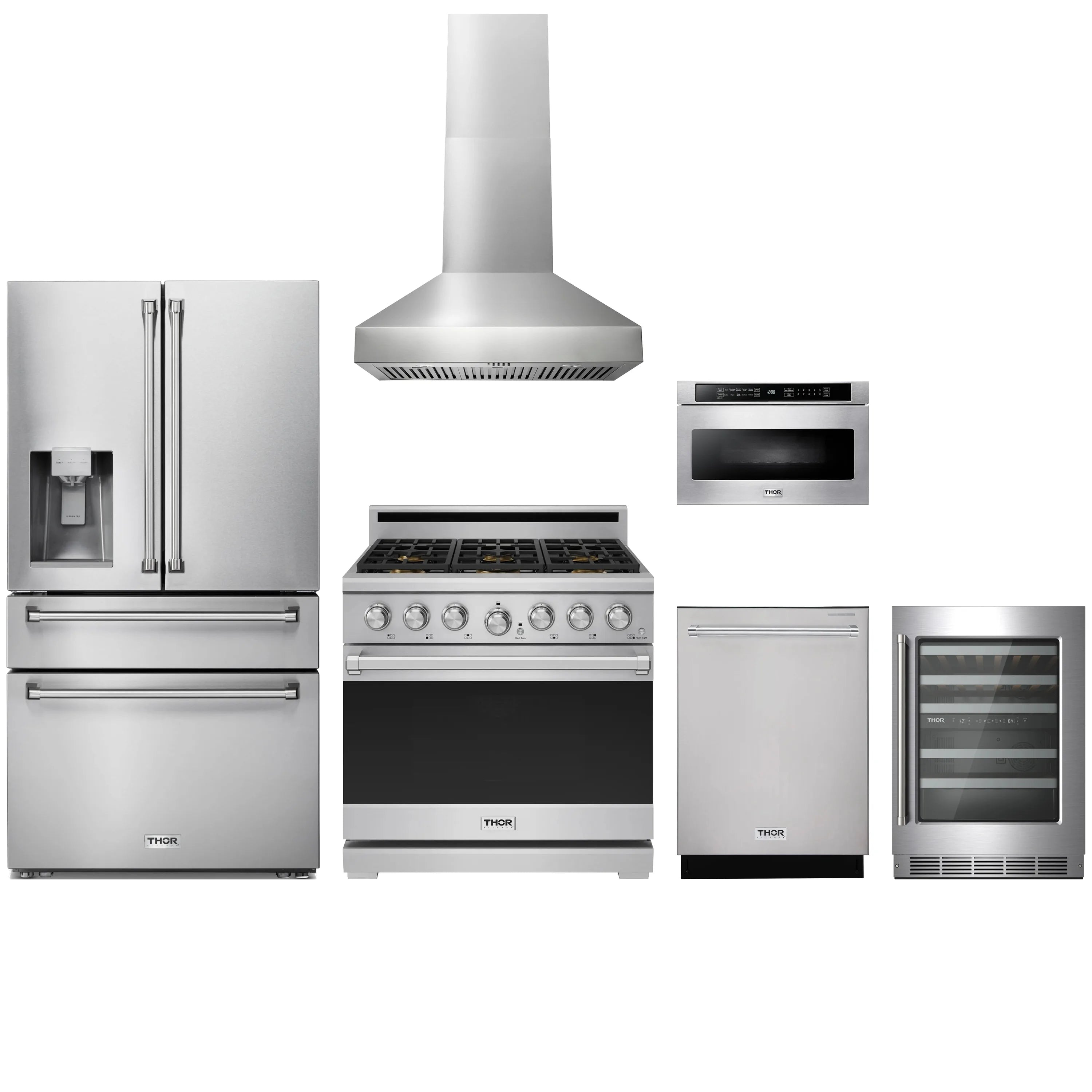 Stainless steel appliance package with gas range, hood, refrigerator, dishwasher, microwave, wine cooler